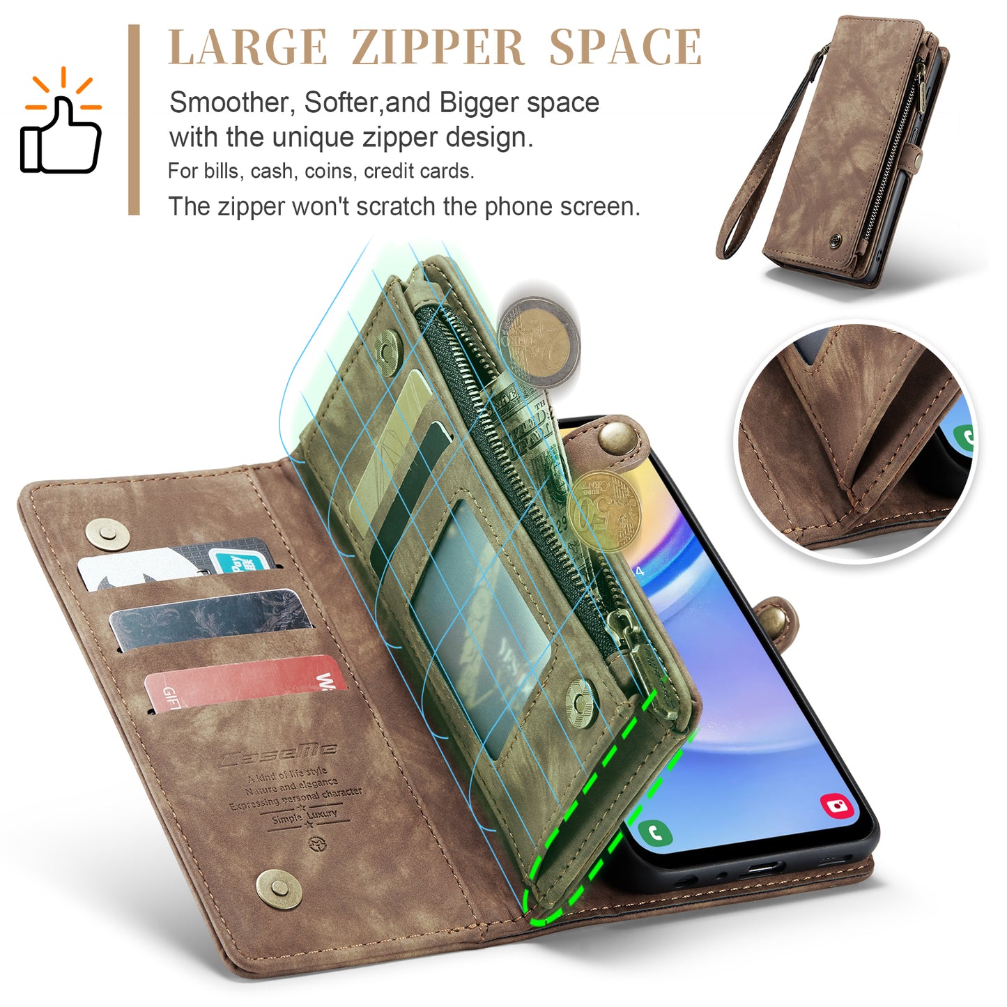 For Samsung Galaxy A16 5G / A16 4G Case CASEME 008 Series Detachable Leather Zipper Wallet Phone Cover - Brown