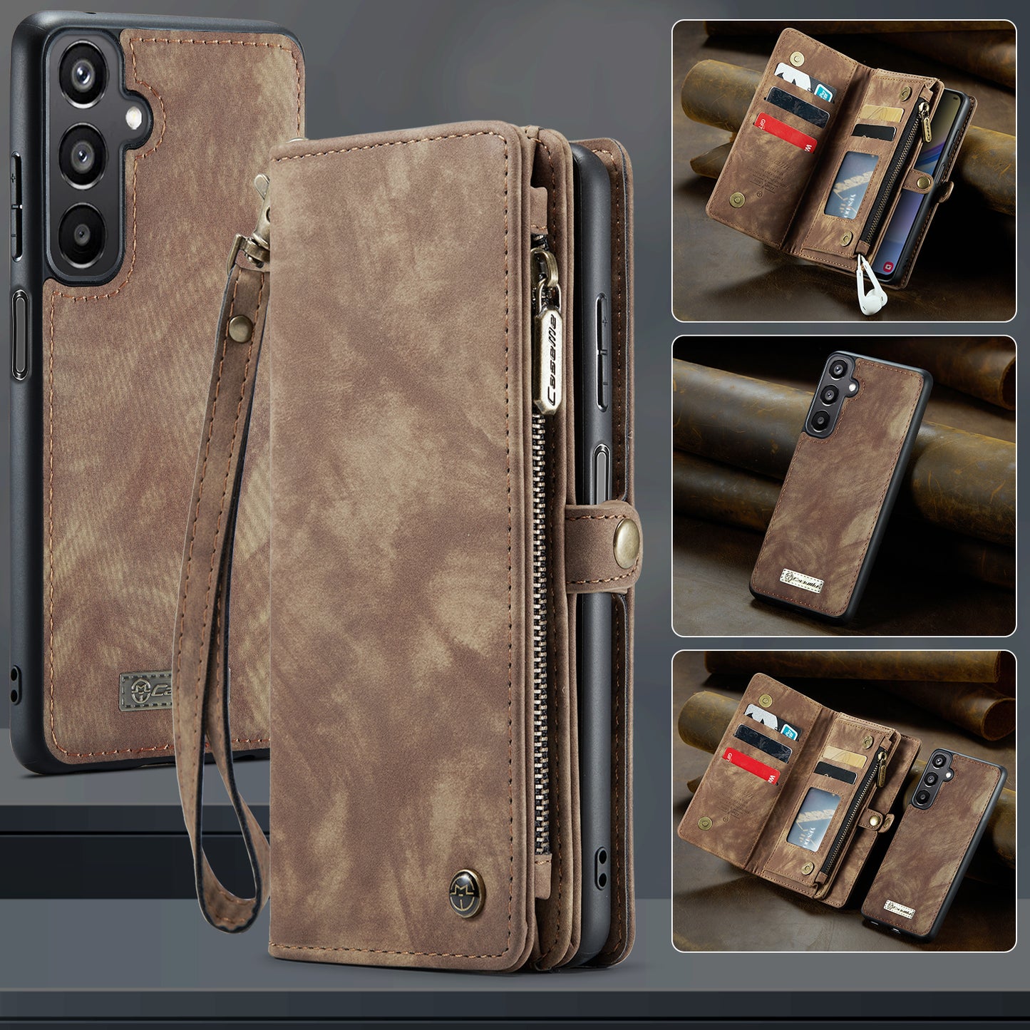 For Samsung Galaxy A16 5G / A16 4G Case CASEME 008 Series Detachable Leather Zipper Wallet Phone Cover - Brown