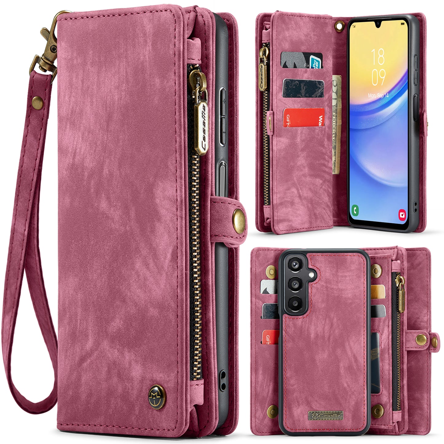 For Samsung Galaxy A16 5G / A16 4G Case CASEME 008 Series Detachable Leather Zipper Wallet Phone Cover - Red