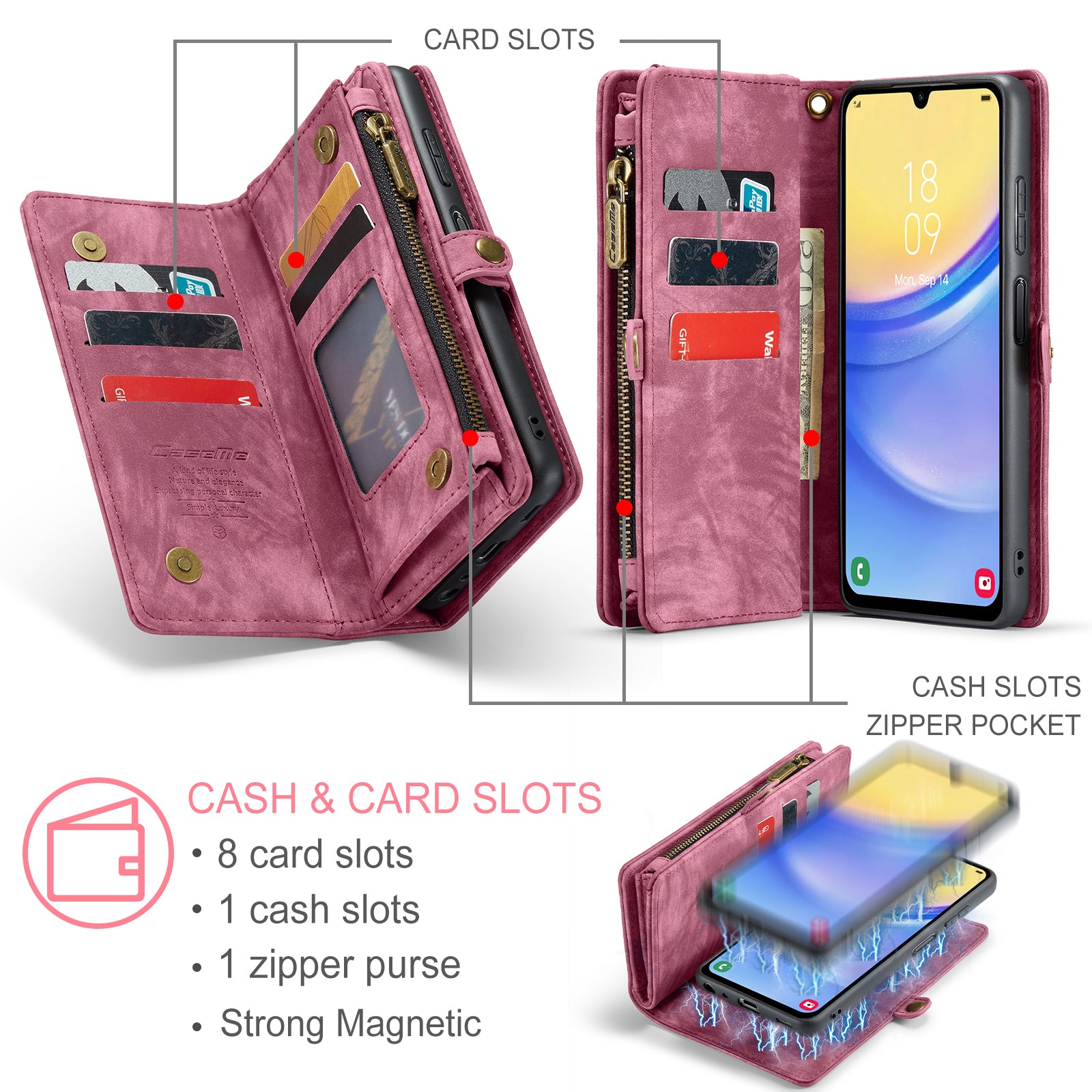 For Samsung Galaxy A16 5G / A16 4G Case CASEME 008 Series Detachable Leather Zipper Wallet Phone Cover - Red