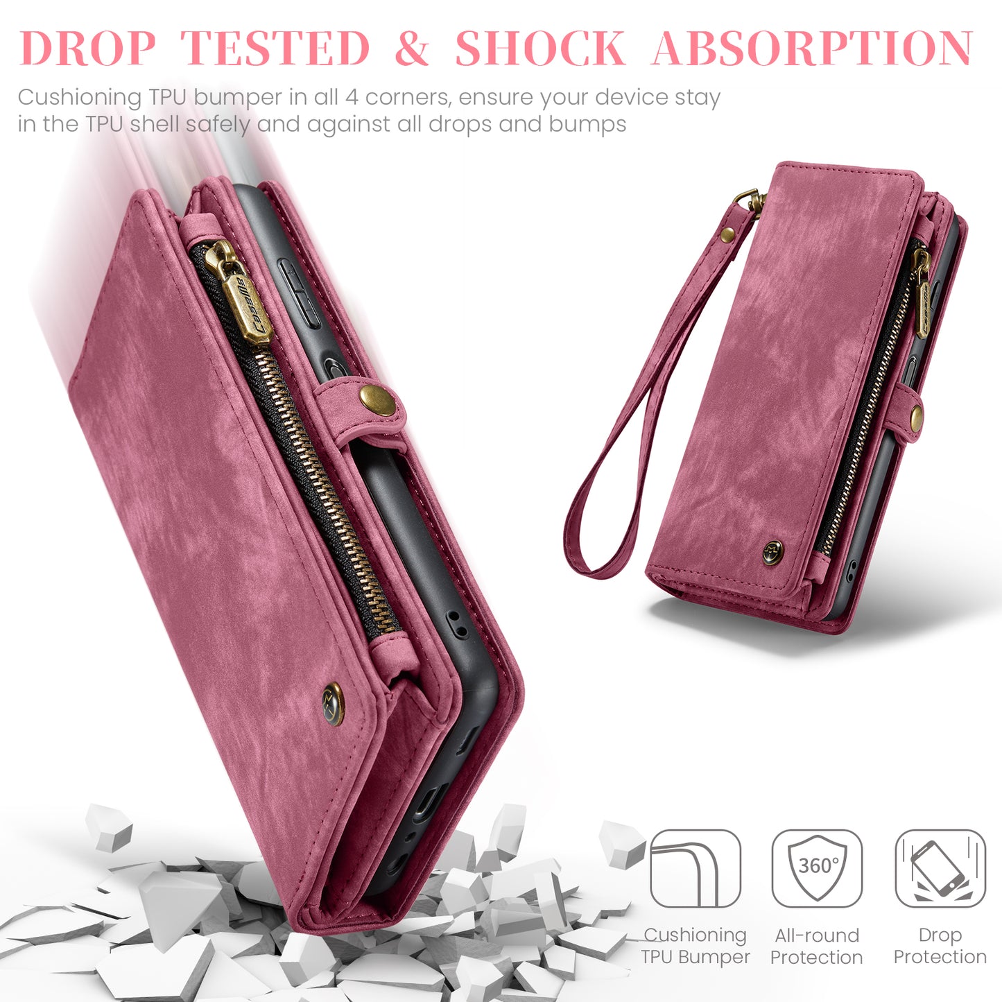 For Samsung Galaxy A16 5G / A16 4G Case CASEME 008 Series Detachable Leather Zipper Wallet Phone Cover - Red