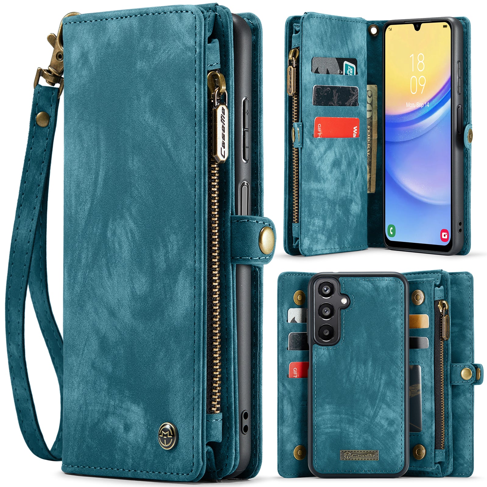 For Samsung Galaxy A16 5G / A16 4G Case CASEME 008 Series Detachable Leather Zipper Wallet Phone Cover - Blue