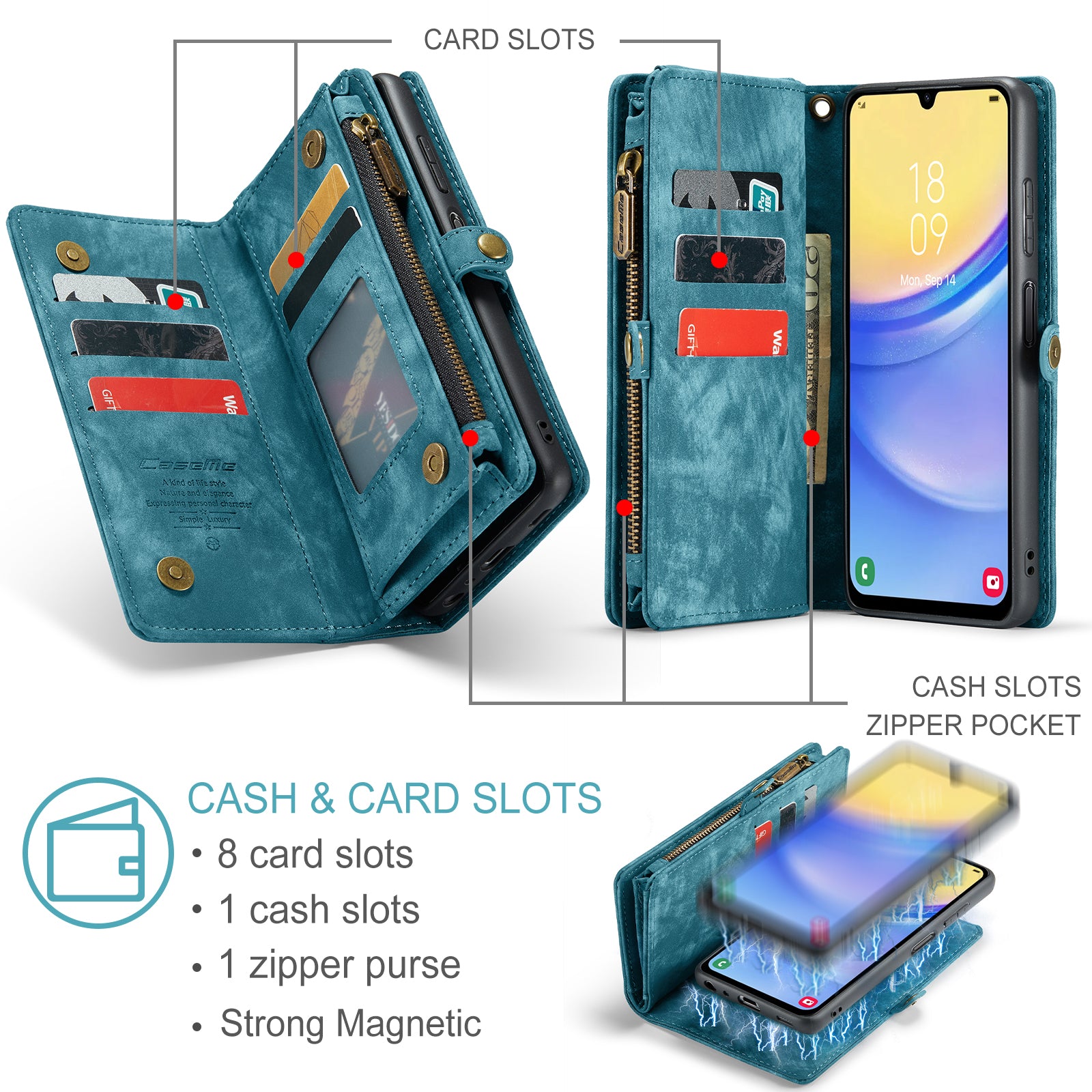 For Samsung Galaxy A16 5G / A16 4G Case CASEME 008 Series Detachable Leather Zipper Wallet Phone Cover - Blue
