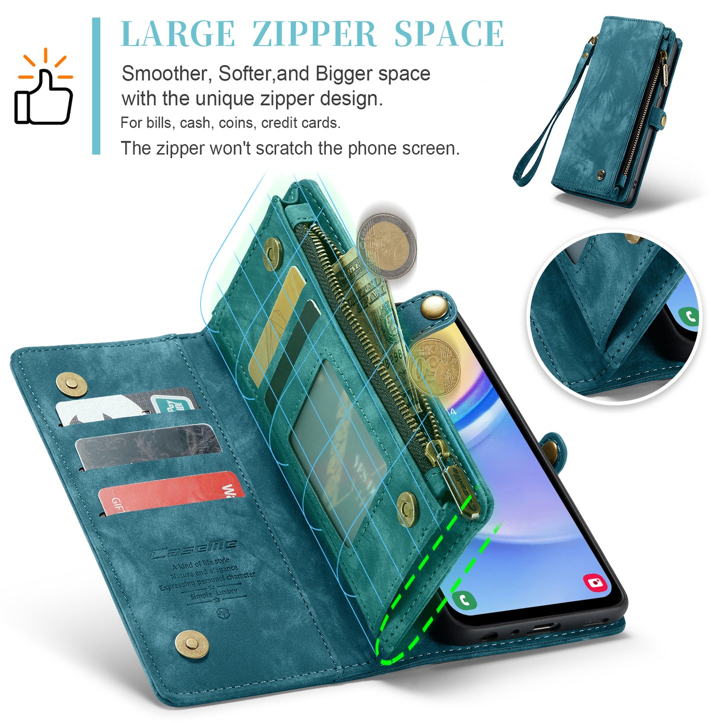 For Samsung Galaxy A16 5G / A16 4G Case CASEME 008 Series Detachable Leather Zipper Wallet Phone Cover - Blue