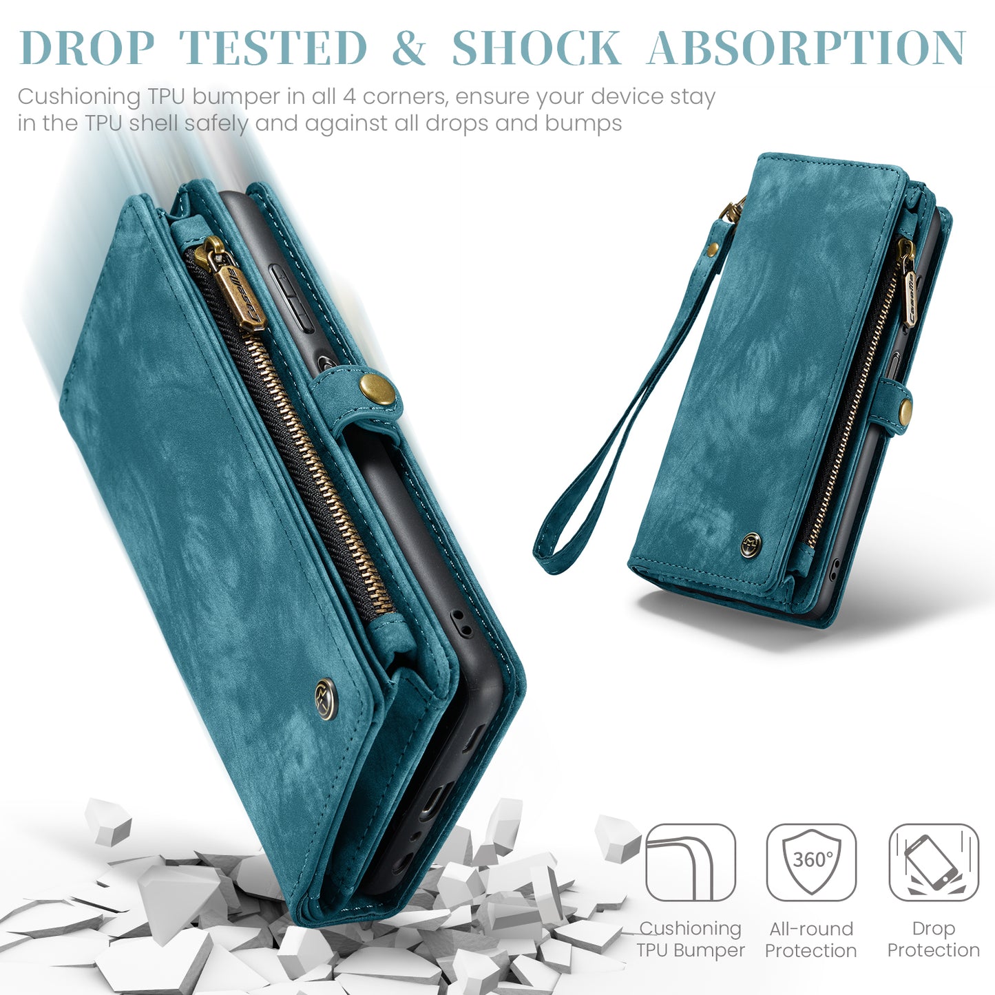 For Samsung Galaxy A16 5G / A16 4G Case CASEME 008 Series Detachable Leather Zipper Wallet Phone Cover - Blue
