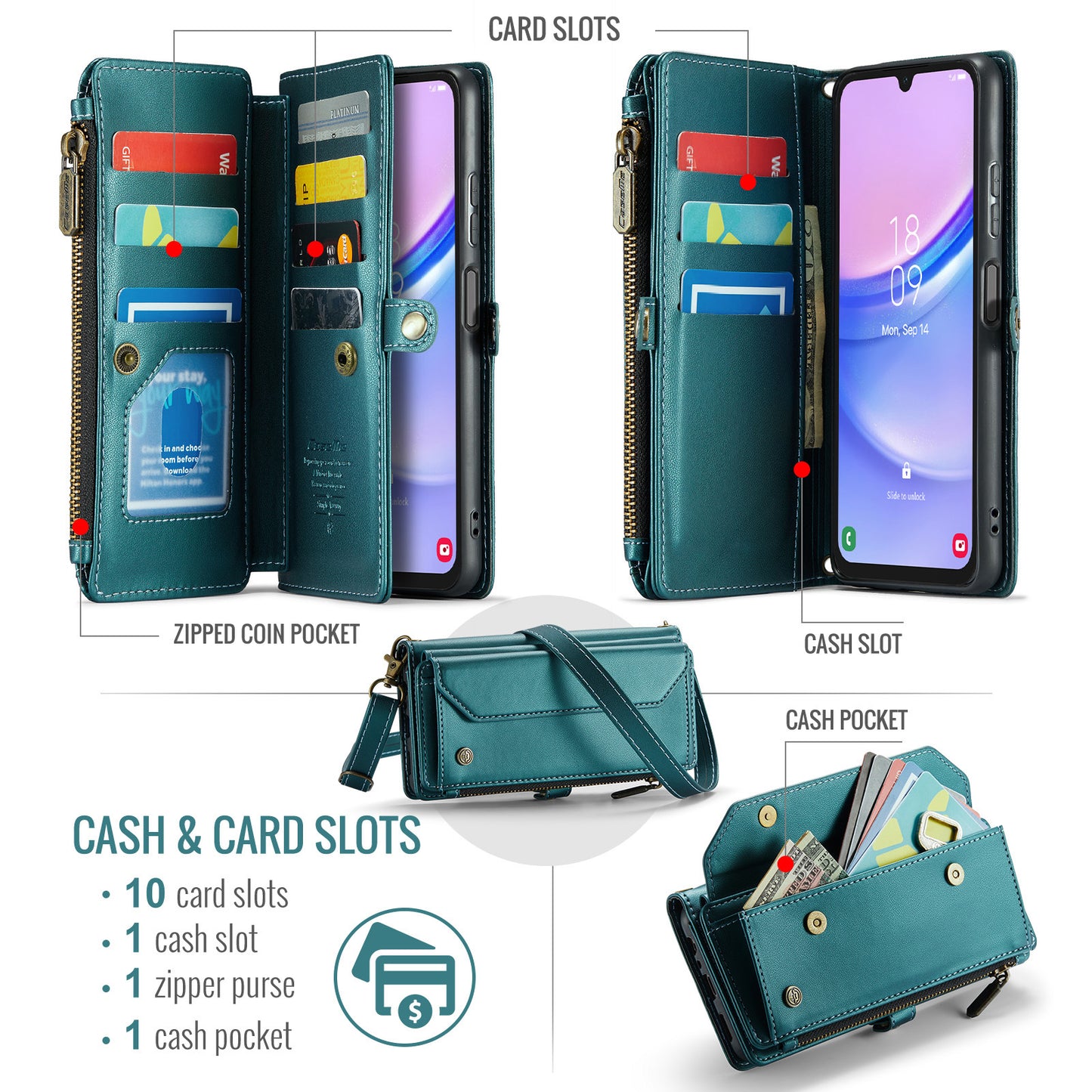 For Samsung Galaxy A16 5G / A16 4G Case CASEME C36 Series  Zipper Wallet Leather Phone Cover with Straps - Green