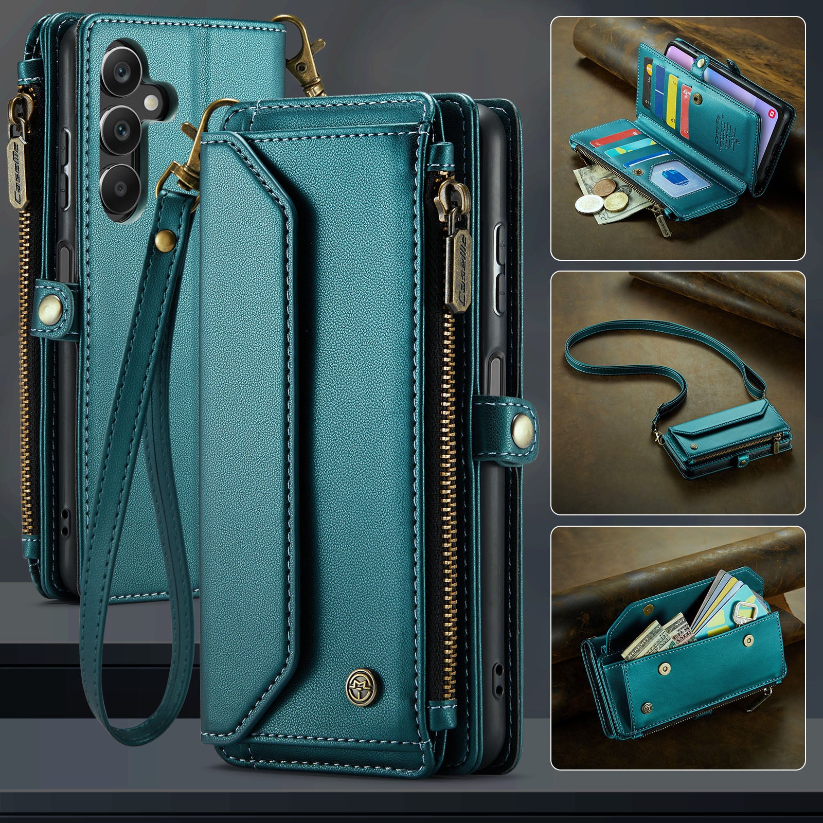 For Samsung Galaxy A16 5G / A16 4G Case CASEME C36 Series  Zipper Wallet Leather Phone Cover with Straps - Green