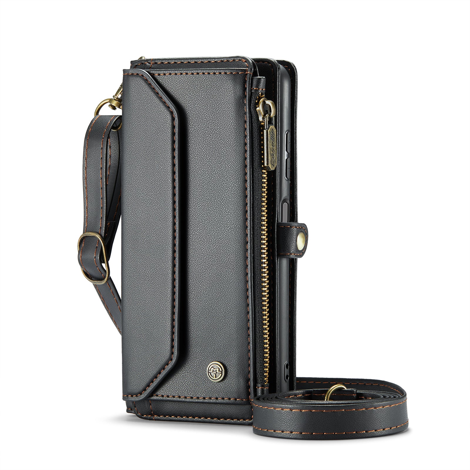 For Samsung Galaxy A16 5G / A16 4G Case CASEME C36 Series  Zipper Wallet Leather Phone Cover with Straps - Black