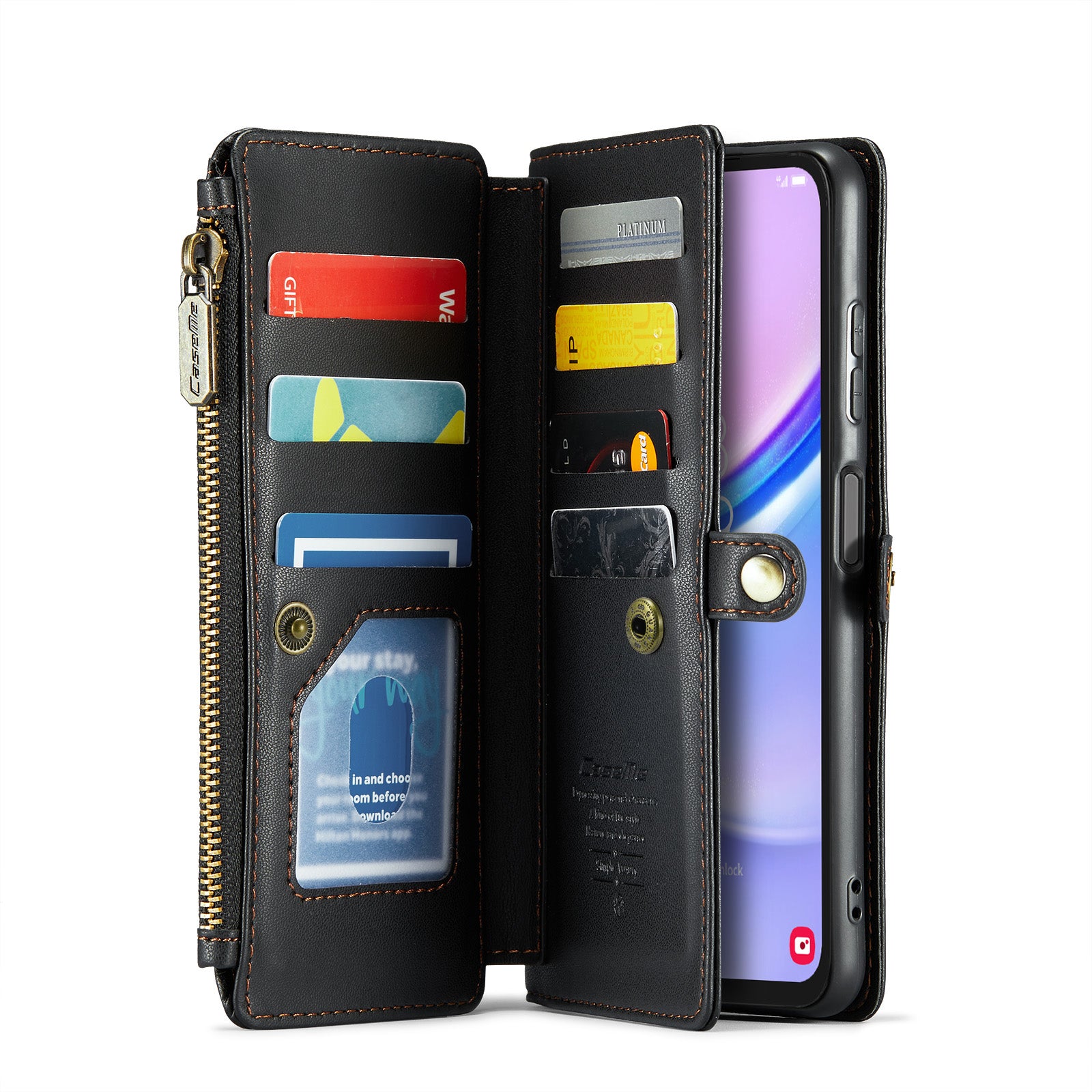 For Samsung Galaxy A16 5G / A16 4G Case CASEME C36 Series  Zipper Wallet Leather Phone Cover with Straps - Black