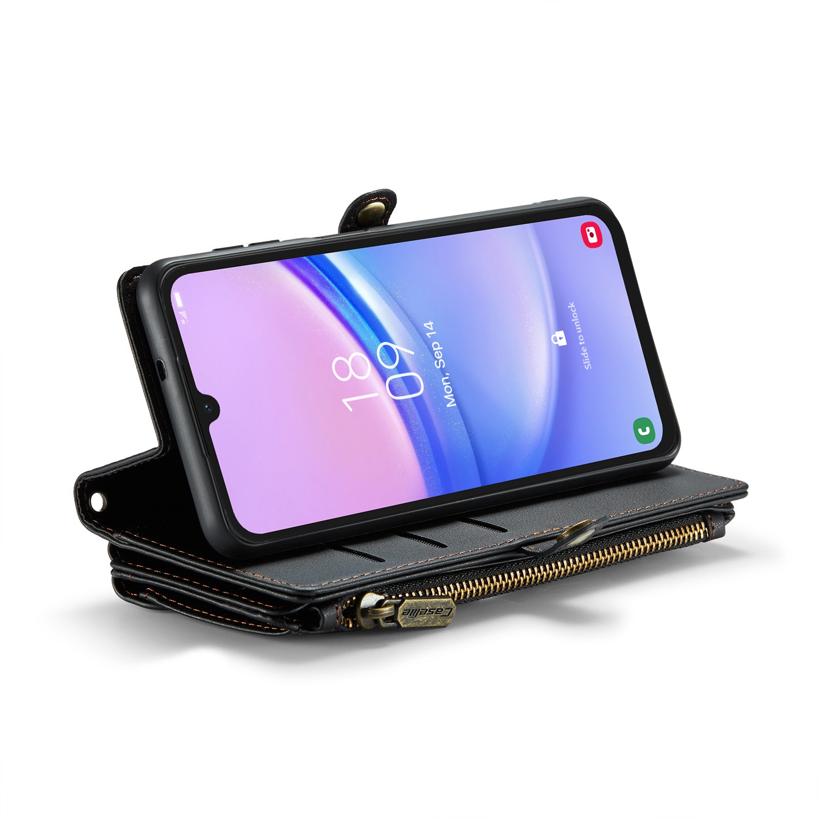 For Samsung Galaxy A16 5G / A16 4G Case CASEME C36 Series  Zipper Wallet Leather Phone Cover with Straps - Black