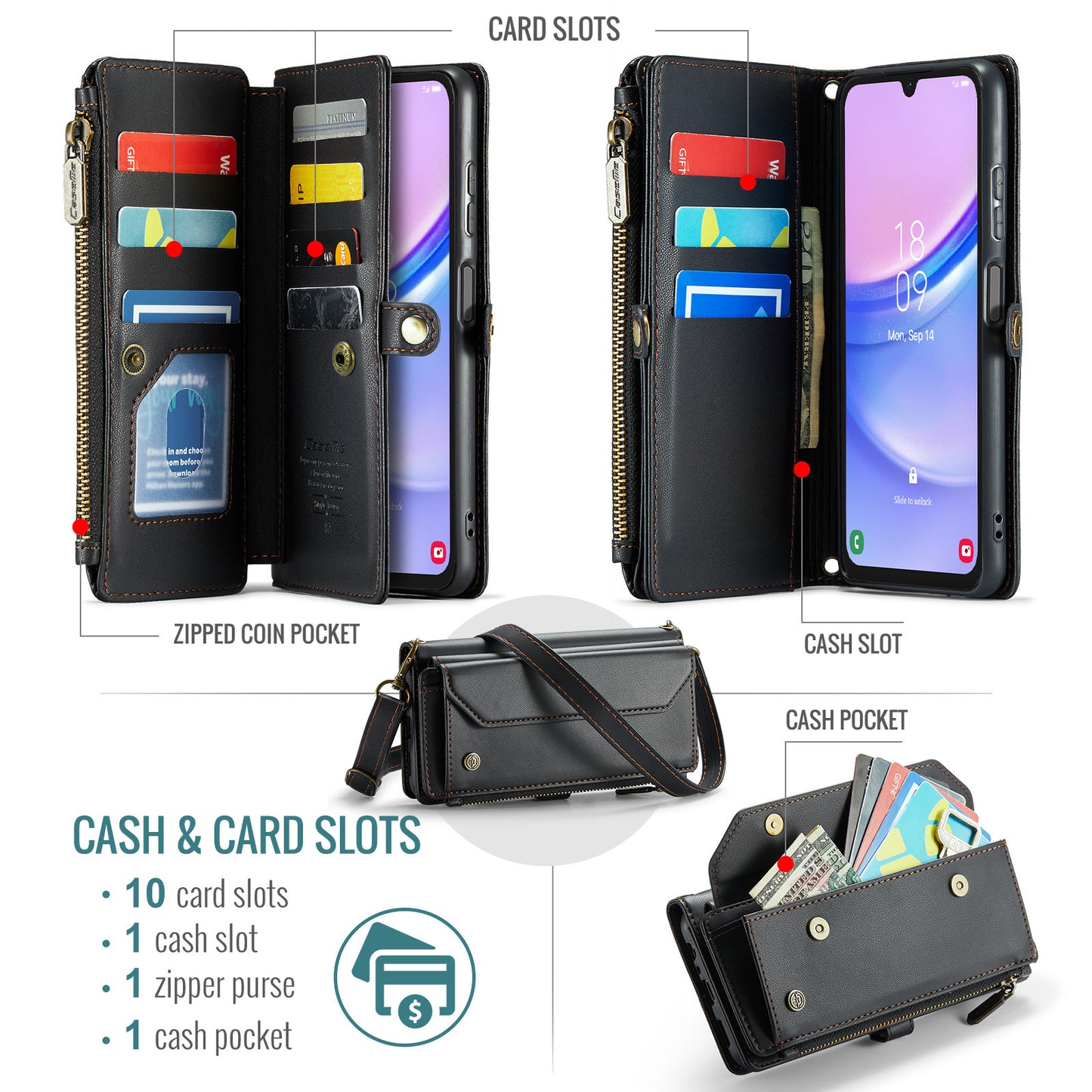 For Samsung Galaxy A16 5G / A16 4G Case CASEME C36 Series  Zipper Wallet Leather Phone Cover with Straps - Black