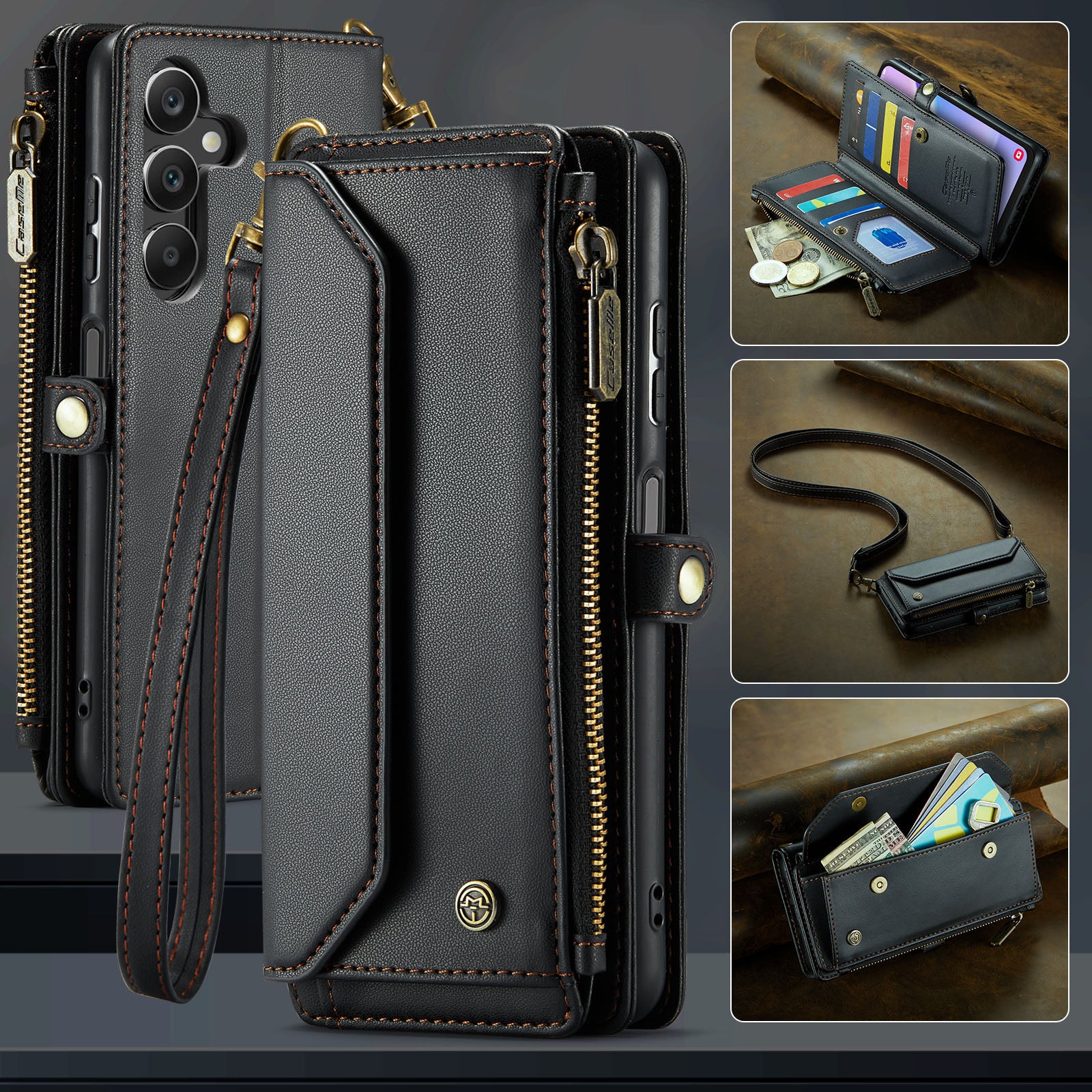 For Samsung Galaxy A16 5G / A16 4G Case CASEME C36 Series  Zipper Wallet Leather Phone Cover with Straps - Black