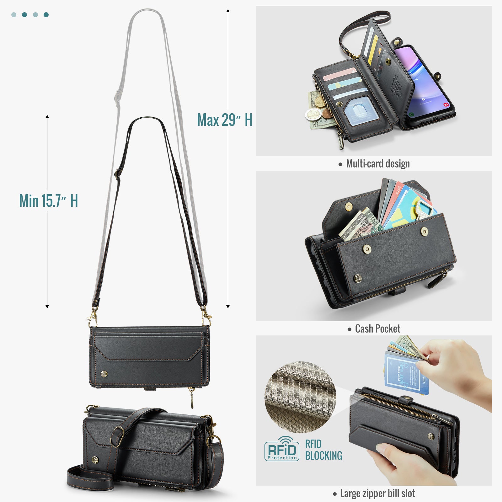 For Samsung Galaxy A16 5G / A16 4G Case CASEME C36 Series  Zipper Wallet Leather Phone Cover with Straps - Black