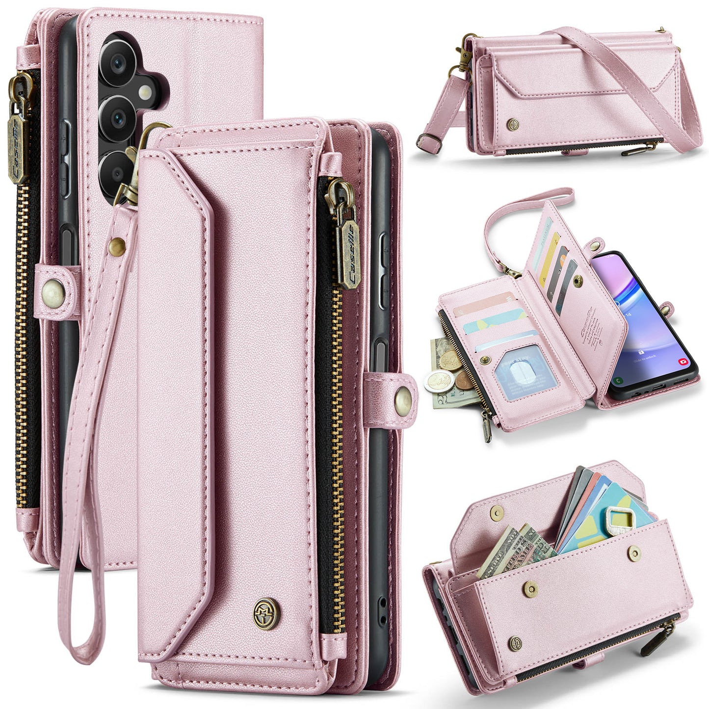 For Samsung Galaxy A16 5G / A16 4G Case CASEME C36 Series  Zipper Wallet Leather Phone Cover with Straps - Pink