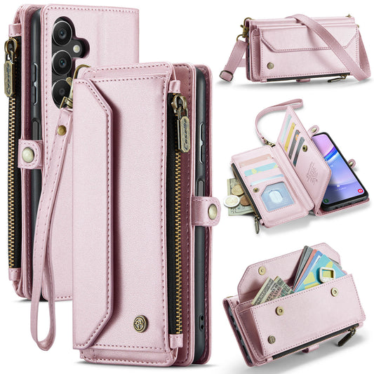For Samsung Galaxy A16 5G / A16 4G Case CASEME C36 Series  Zipper Wallet Leather Phone Cover with Straps - Pink
