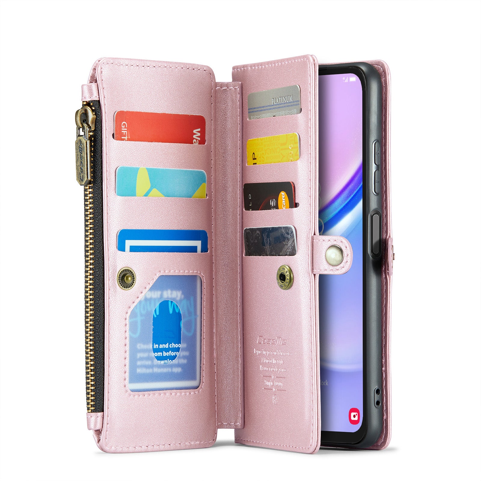 For Samsung Galaxy A16 5G / A16 4G Case CASEME C36 Series  Zipper Wallet Leather Phone Cover with Straps - Pink