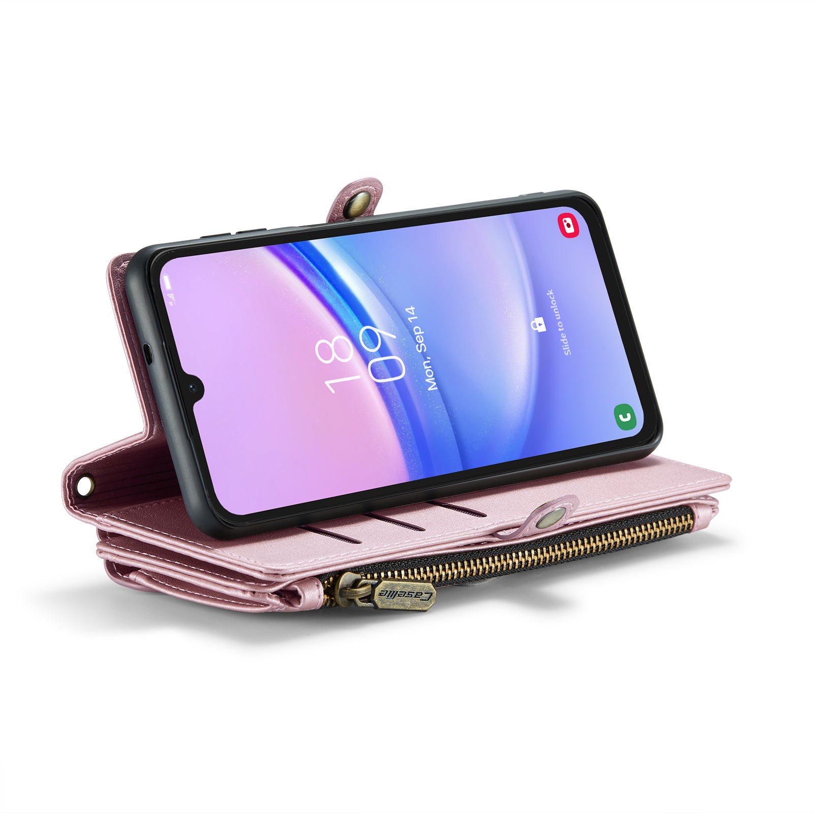 For Samsung Galaxy A16 5G / A16 4G Case CASEME C36 Series  Zipper Wallet Leather Phone Cover with Straps - Pink
