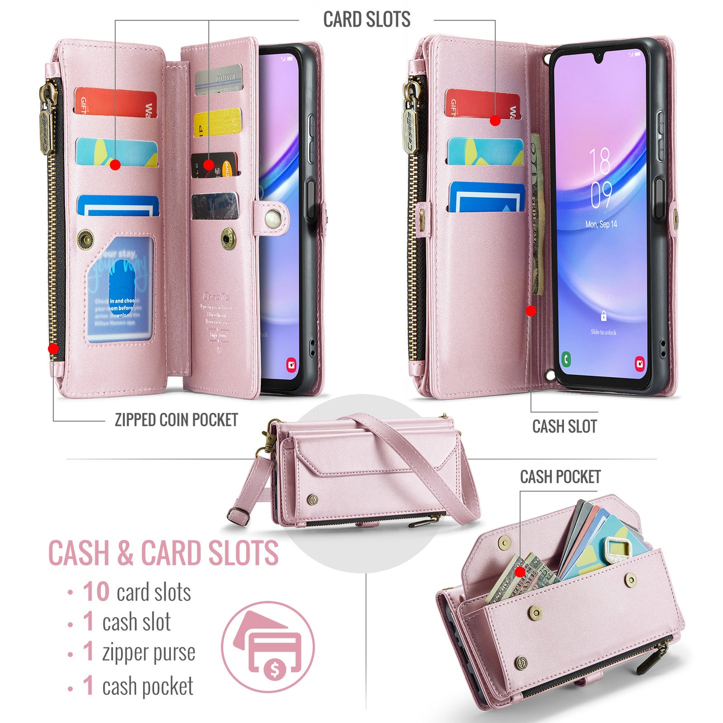 For Samsung Galaxy A16 5G / A16 4G Case CASEME C36 Series  Zipper Wallet Leather Phone Cover with Straps - Pink