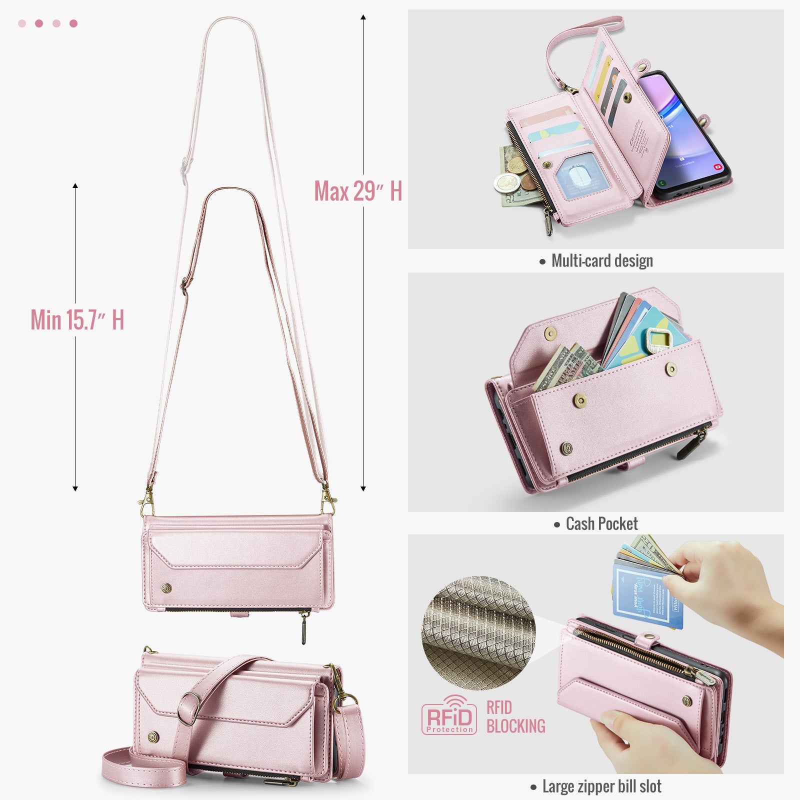 For Samsung Galaxy A16 5G / A16 4G Case CASEME C36 Series  Zipper Wallet Leather Phone Cover with Straps - Pink