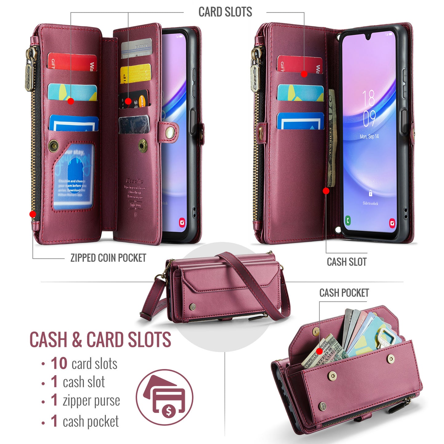 For Samsung Galaxy A16 5G / A16 4G Case CASEME C36 Series  Zipper Wallet Leather Phone Cover with Straps - Red