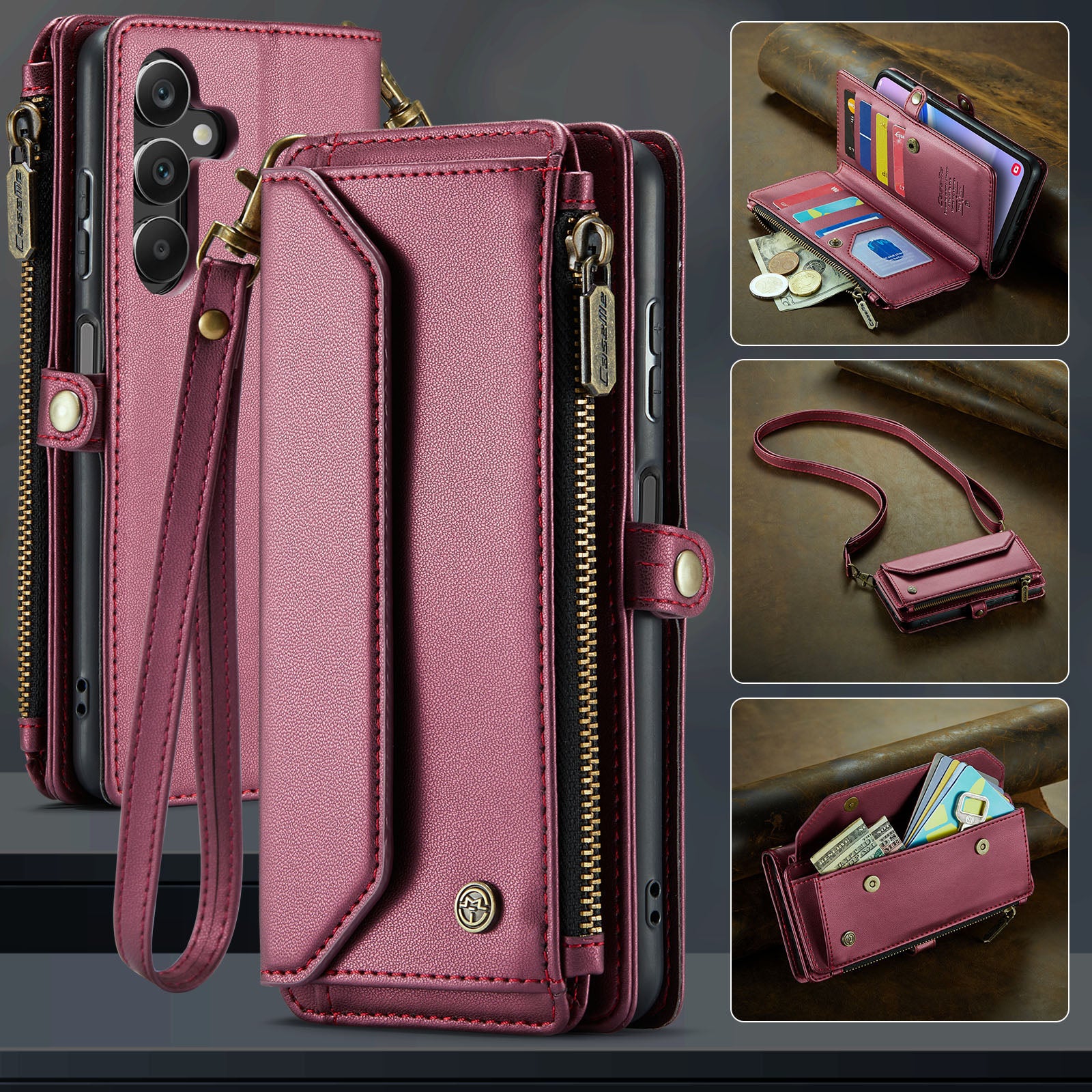 For Samsung Galaxy A16 5G / A16 4G Case CASEME C36 Series  Zipper Wallet Leather Phone Cover with Straps - Red