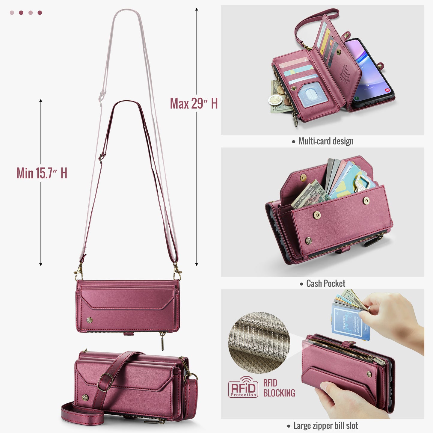 For Samsung Galaxy A16 5G / A16 4G Case CASEME C36 Series  Zipper Wallet Leather Phone Cover with Straps - Red