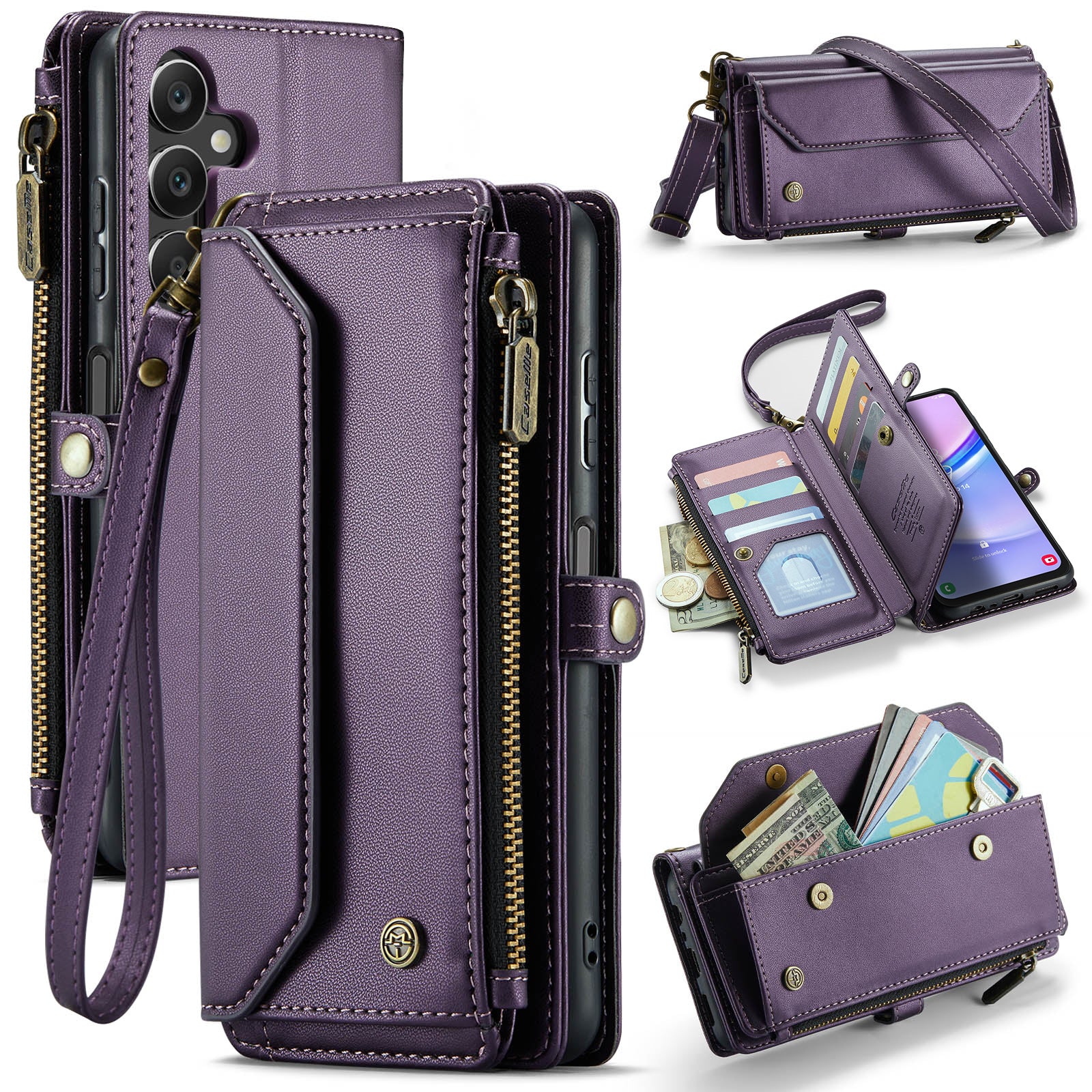 For Samsung Galaxy A16 5G / A16 4G Case CASEME C36 Series  Zipper Wallet Leather Phone Cover with Straps - Purple
