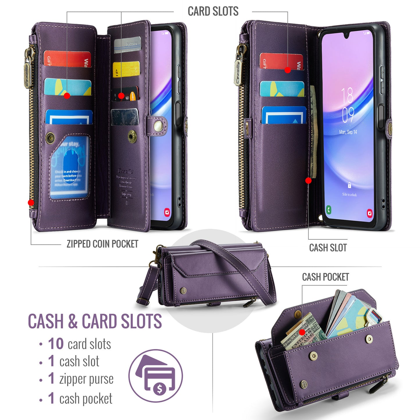 For Samsung Galaxy A16 5G / A16 4G Case CASEME C36 Series  Zipper Wallet Leather Phone Cover with Straps - Purple