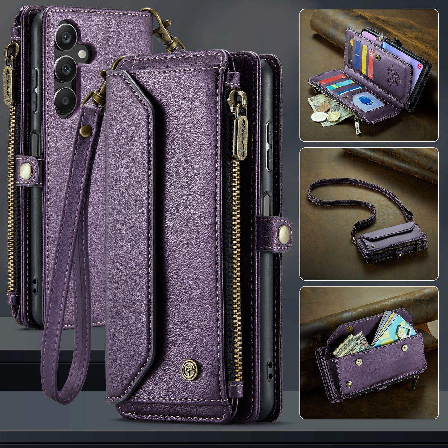 For Samsung Galaxy A16 5G / A16 4G Case CASEME C36 Series  Zipper Wallet Leather Phone Cover with Straps - Purple