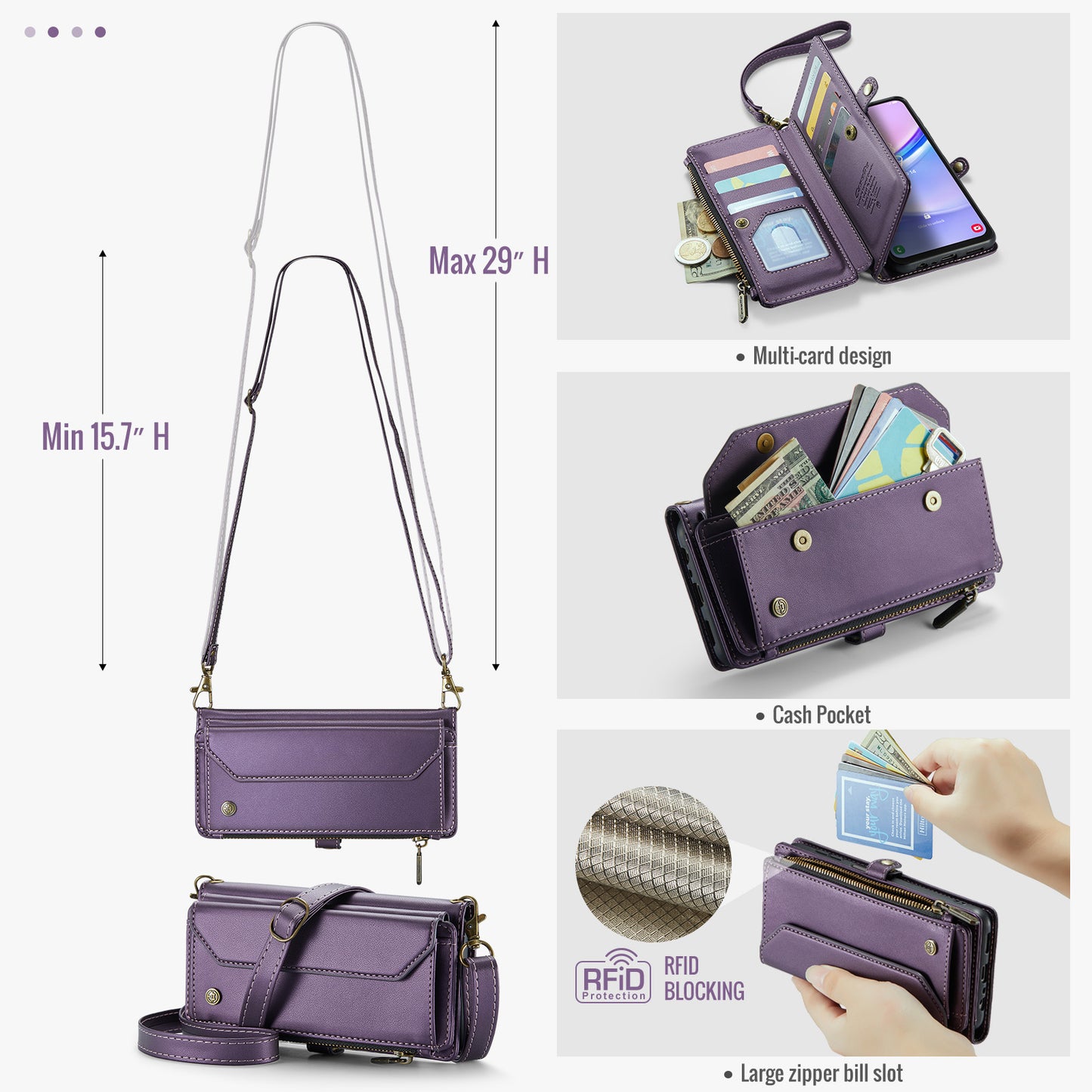 For Samsung Galaxy A16 5G / A16 4G Case CASEME C36 Series  Zipper Wallet Leather Phone Cover with Straps - Purple