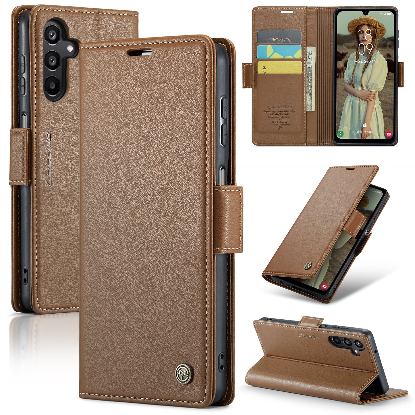 For Samsung Galaxy A16 5G / A16 4G Case CASEME 023 Series RFID Blocking Glossy Stand Phone Cover - Brown
