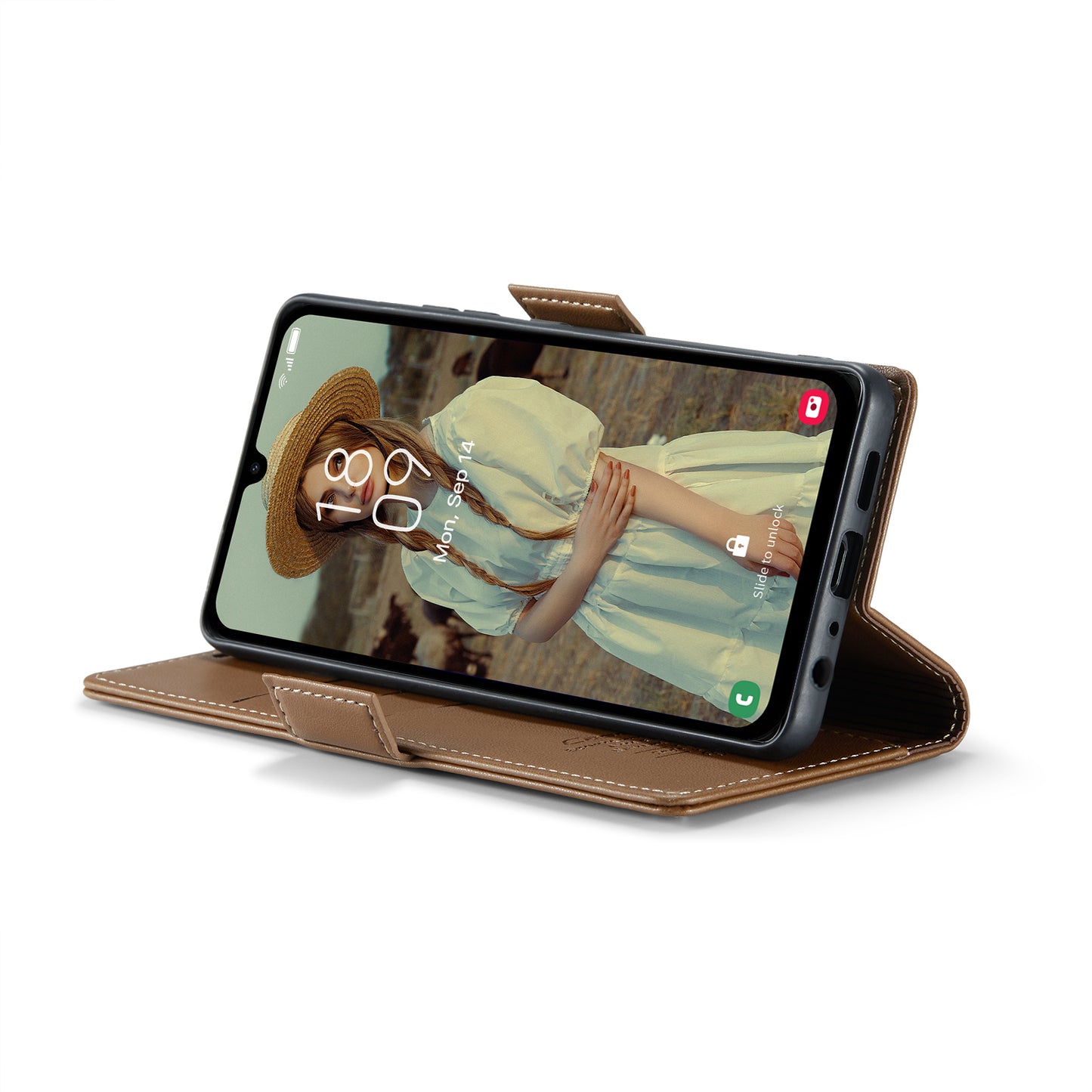 For Samsung Galaxy A16 5G / A16 4G Case CASEME 023 Series RFID Blocking Glossy Stand Phone Cover - Brown