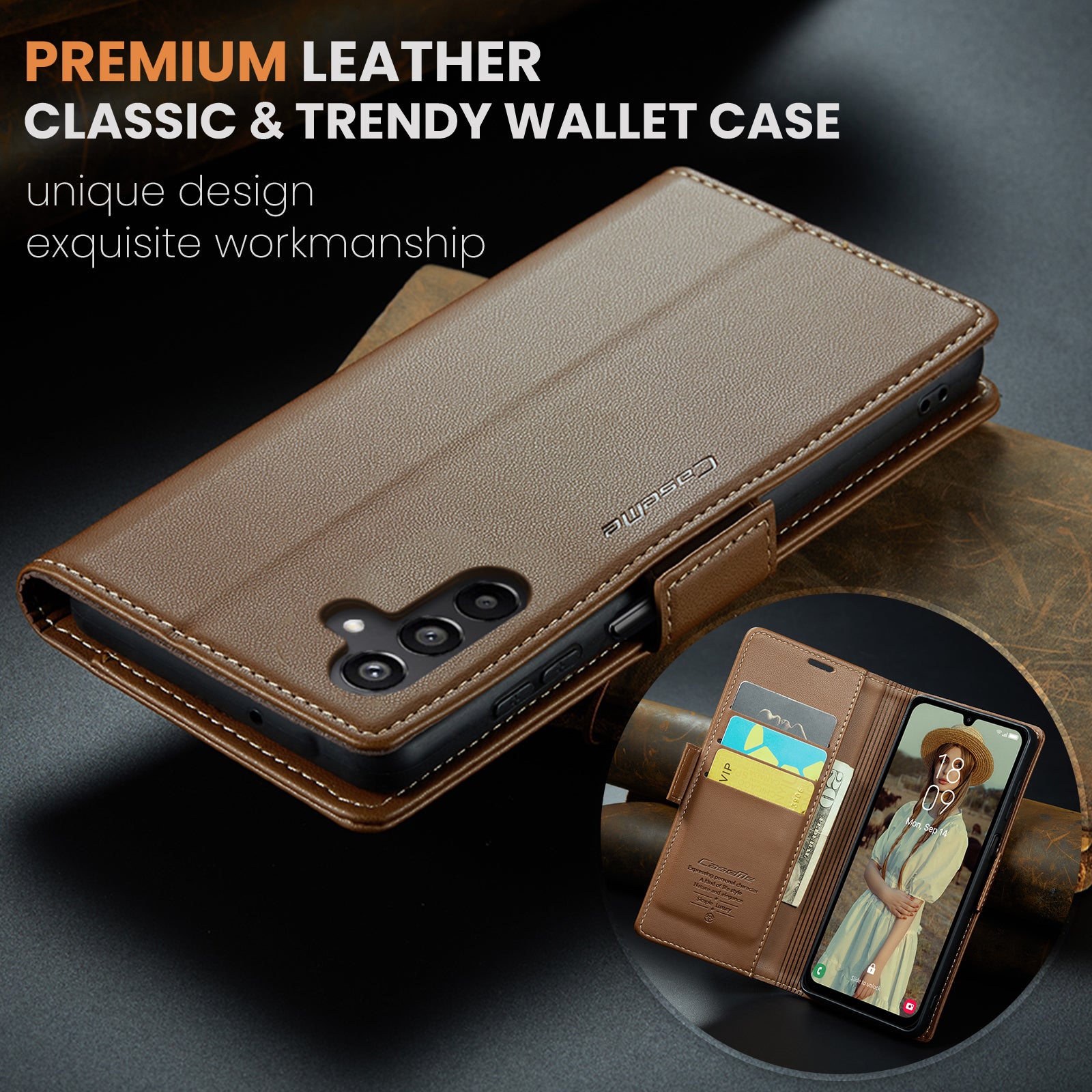 For Samsung Galaxy A16 5G / A16 4G Case CASEME 023 Series RFID Blocking Glossy Stand Phone Cover - Brown