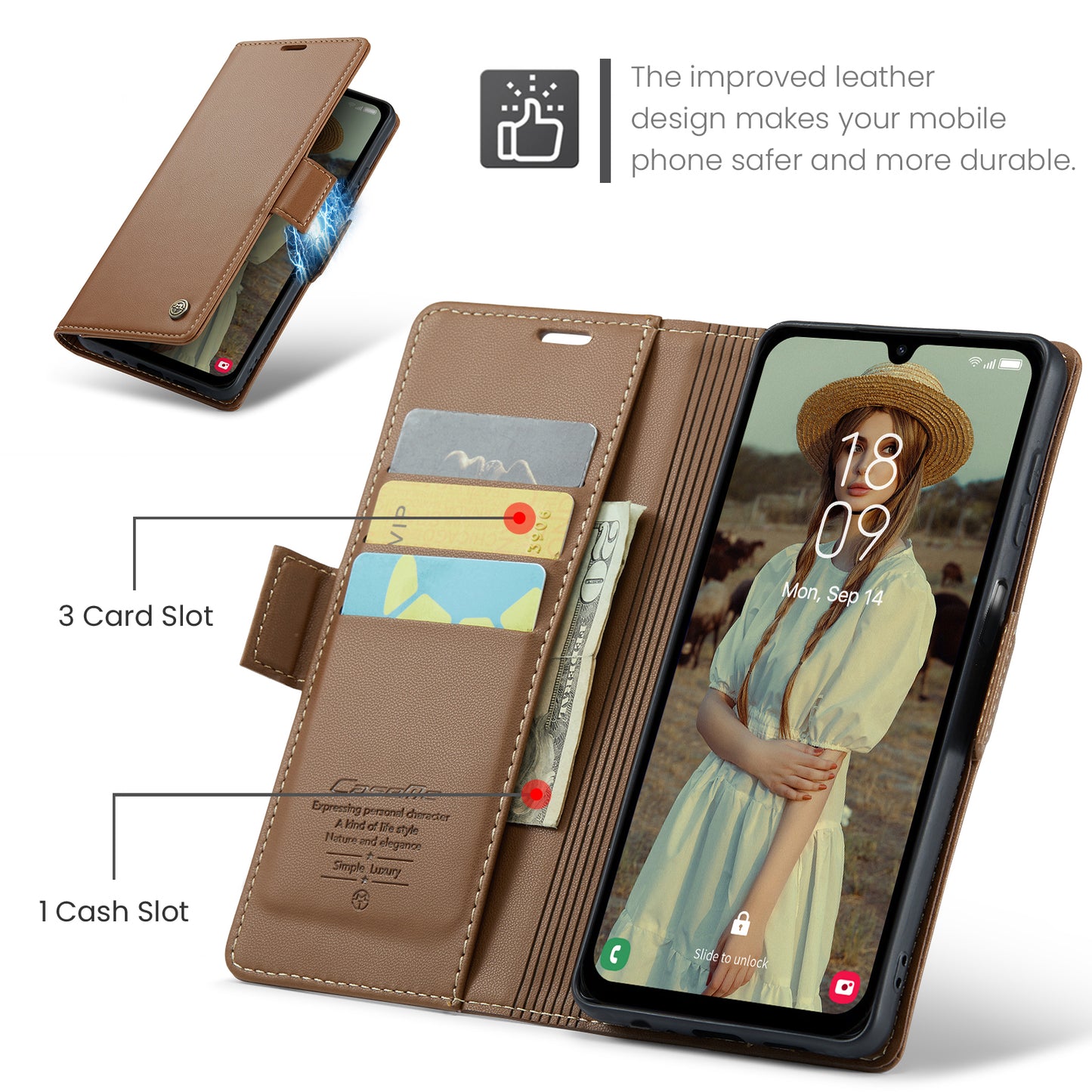 For Samsung Galaxy A16 5G / A16 4G Case CASEME 023 Series RFID Blocking Glossy Stand Phone Cover - Brown
