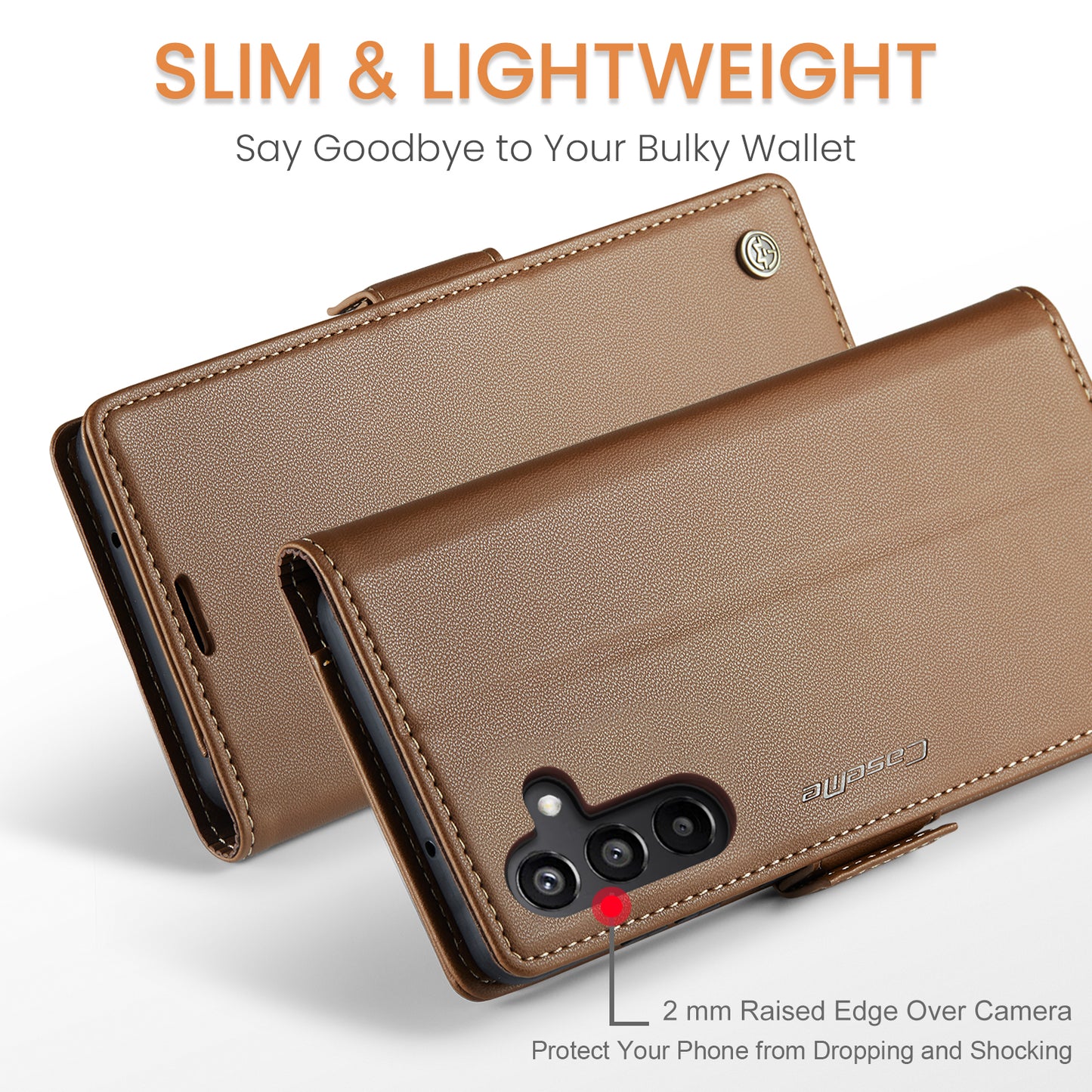 For Samsung Galaxy A16 5G / A16 4G Case CASEME 023 Series RFID Blocking Glossy Stand Phone Cover - Brown