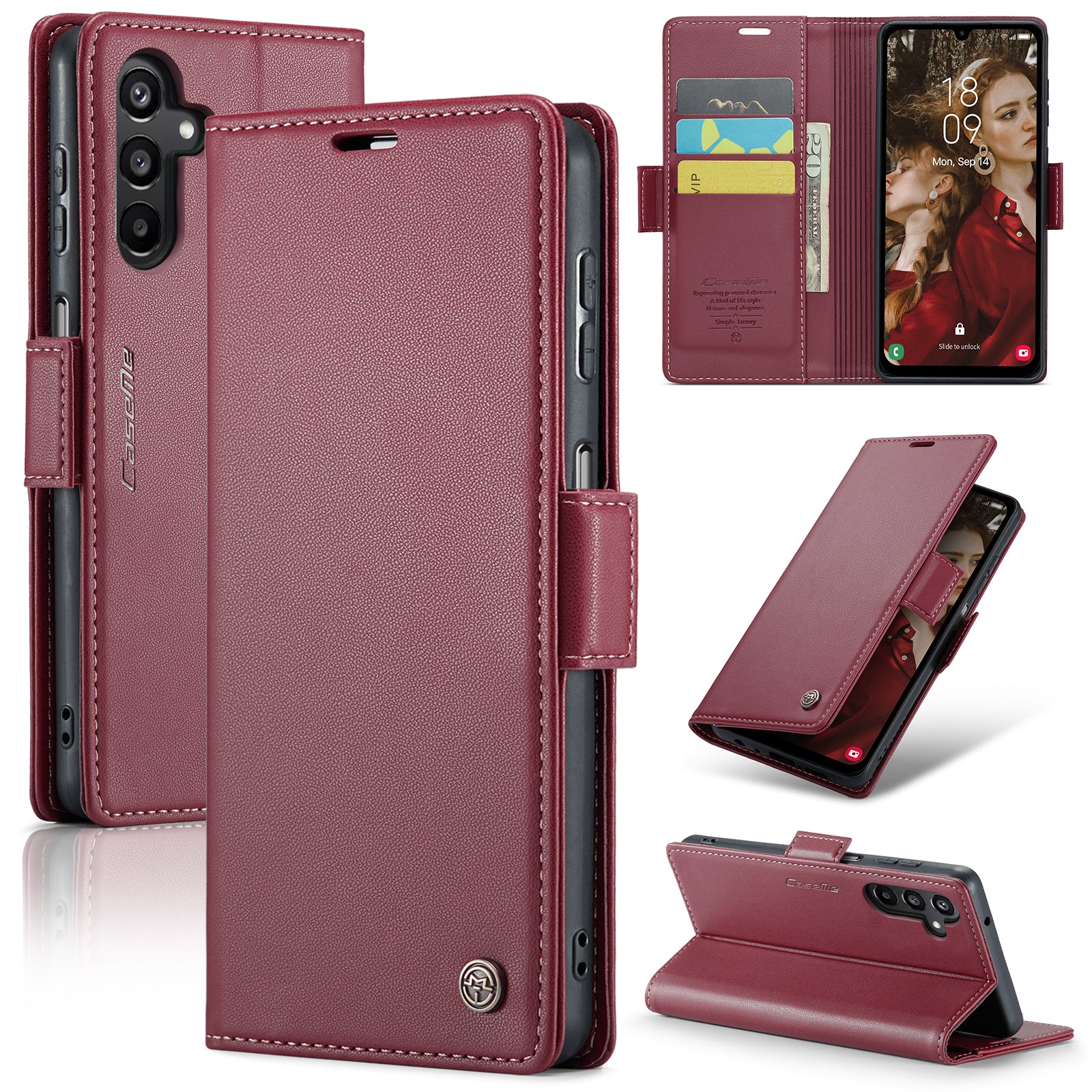 For Samsung Galaxy A16 5G / A16 4G Case CASEME 023 Series RFID Blocking Glossy Stand Phone Cover - Red