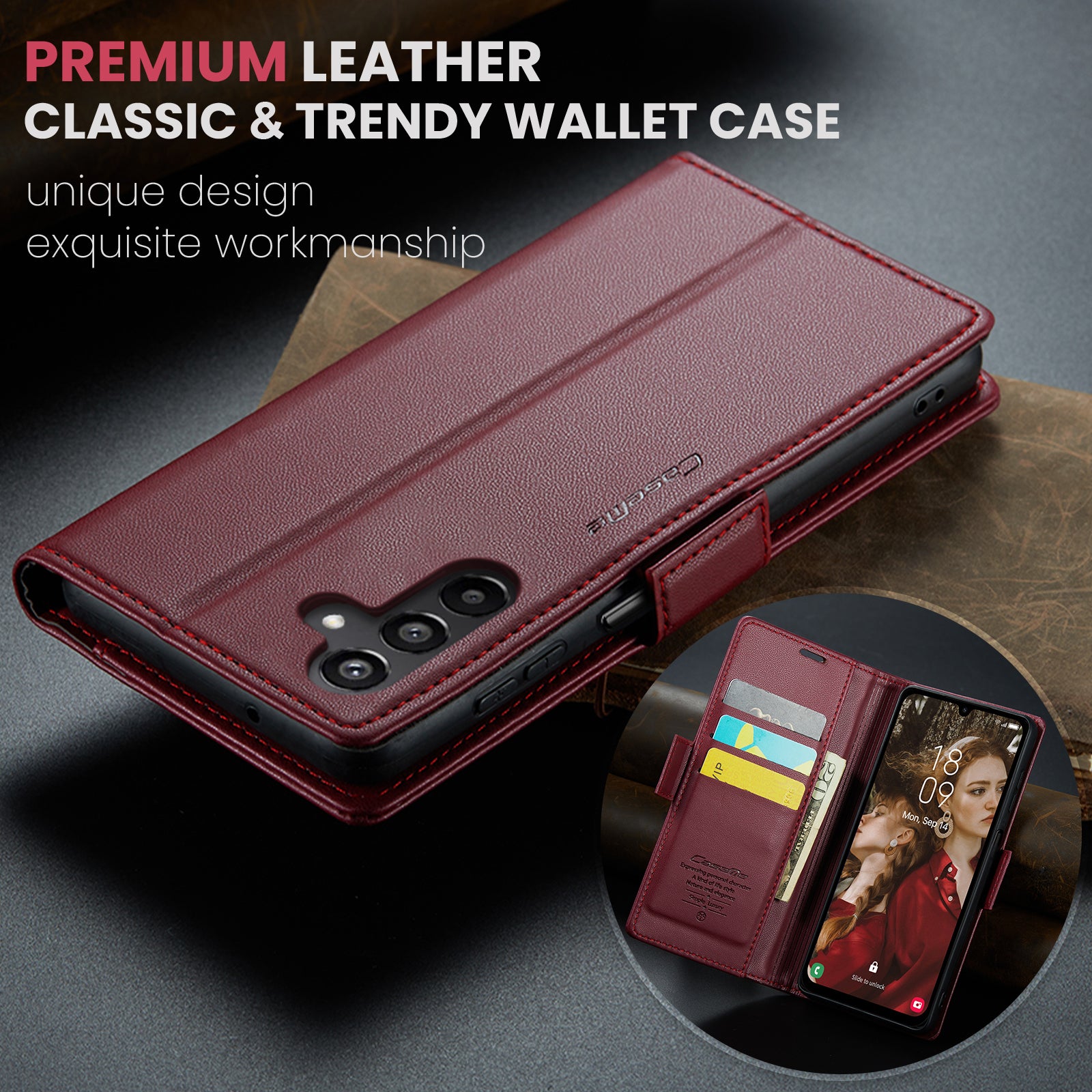 For Samsung Galaxy A16 5G / A16 4G Case CASEME 023 Series RFID Blocking Glossy Stand Phone Cover - Red