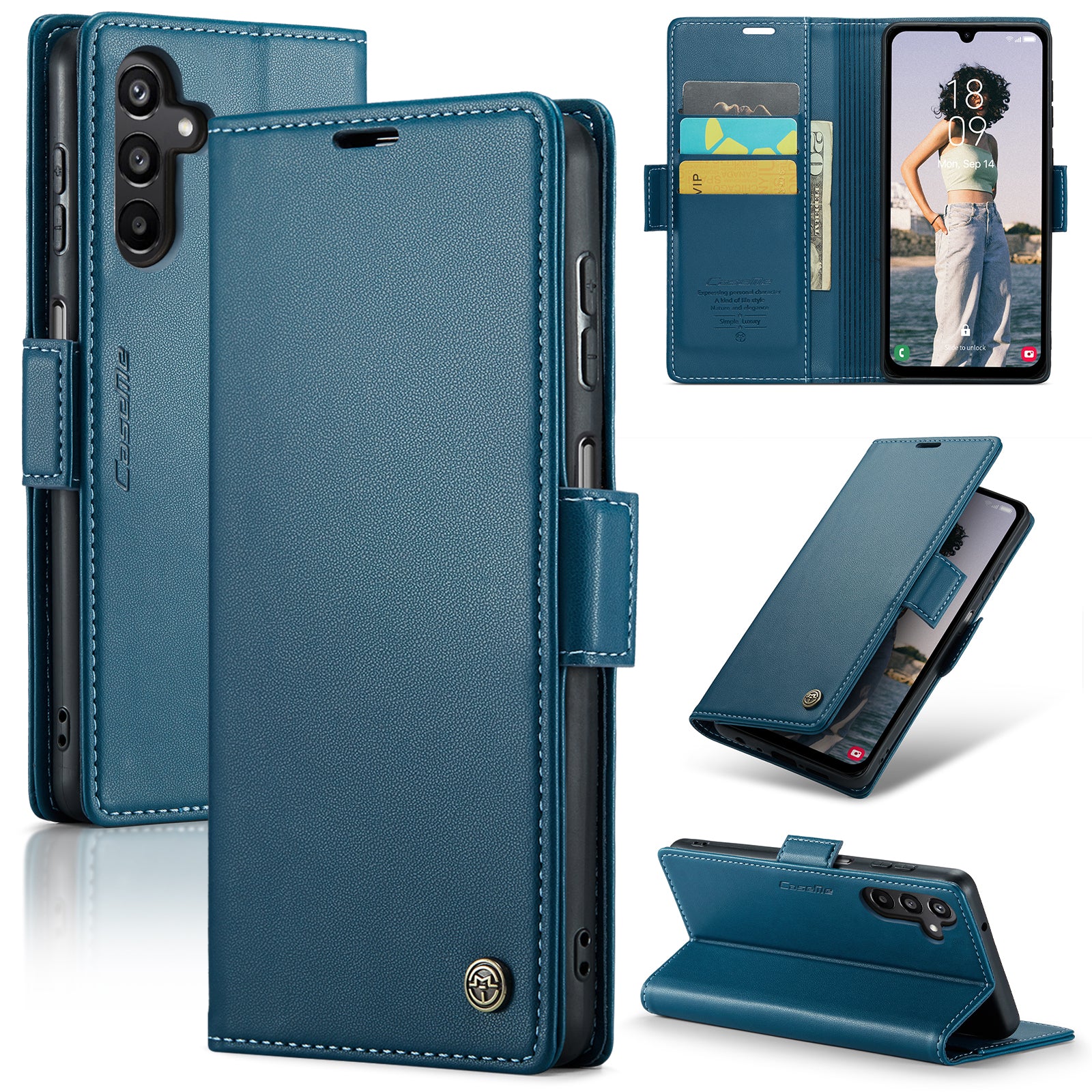 For Samsung Galaxy A16 5G / A16 4G Case CASEME 023 Series RFID Blocking Glossy Stand Phone Cover - Blue