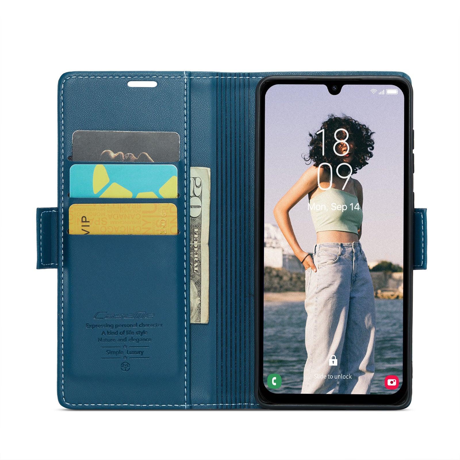 For Samsung Galaxy A16 5G / A16 4G Case CASEME 023 Series RFID Blocking Glossy Stand Phone Cover - Blue