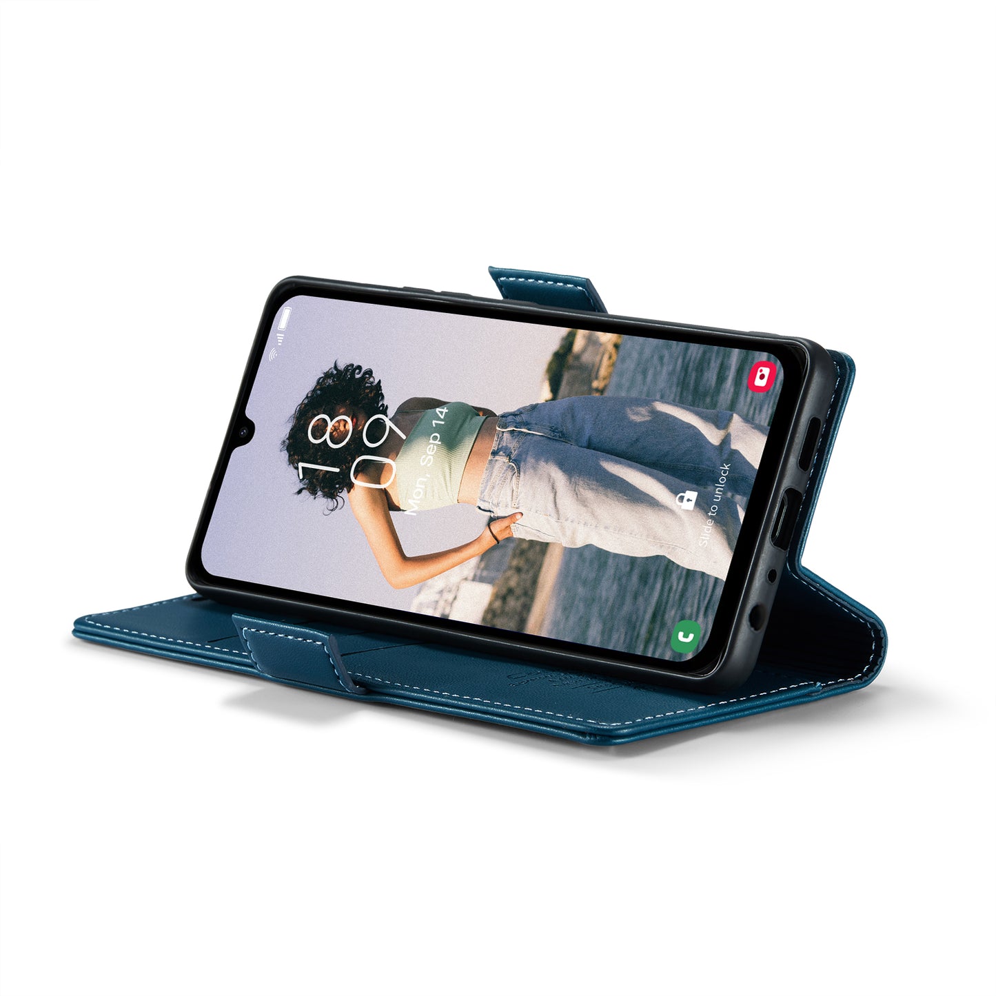 For Samsung Galaxy A16 5G / A16 4G Case CASEME 023 Series RFID Blocking Glossy Stand Phone Cover - Blue