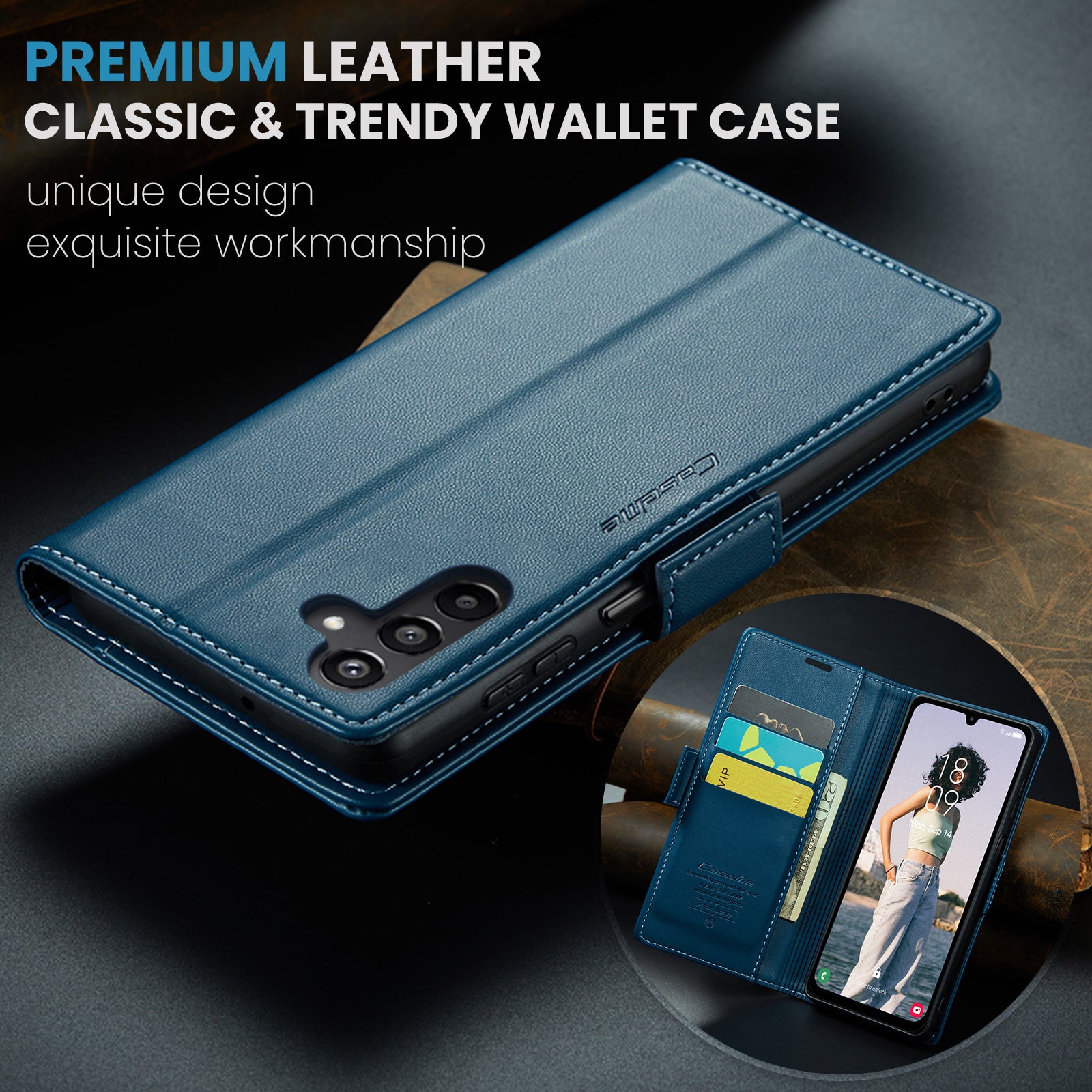For Samsung Galaxy A16 5G / A16 4G Case CASEME 023 Series RFID Blocking Glossy Stand Phone Cover - Blue