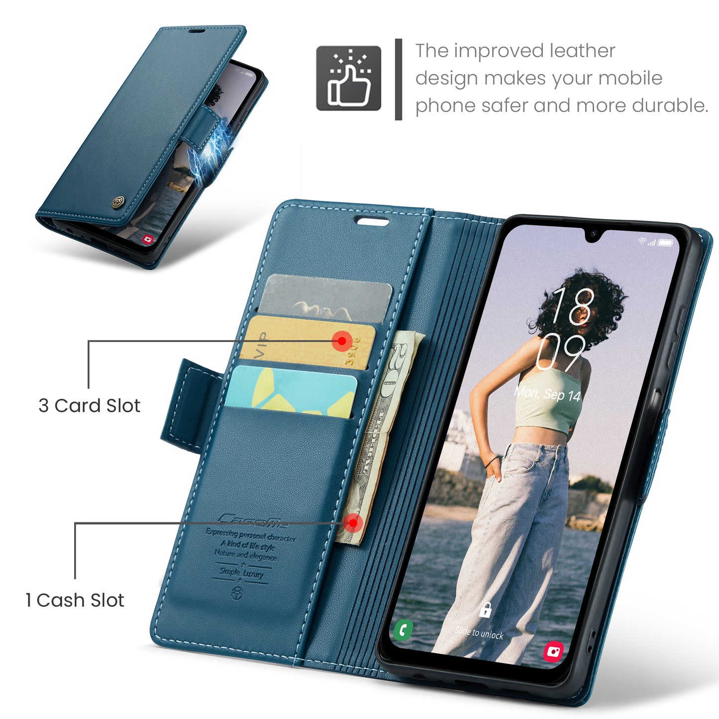 For Samsung Galaxy A16 5G / A16 4G Case CASEME 023 Series RFID Blocking Glossy Stand Phone Cover - Blue