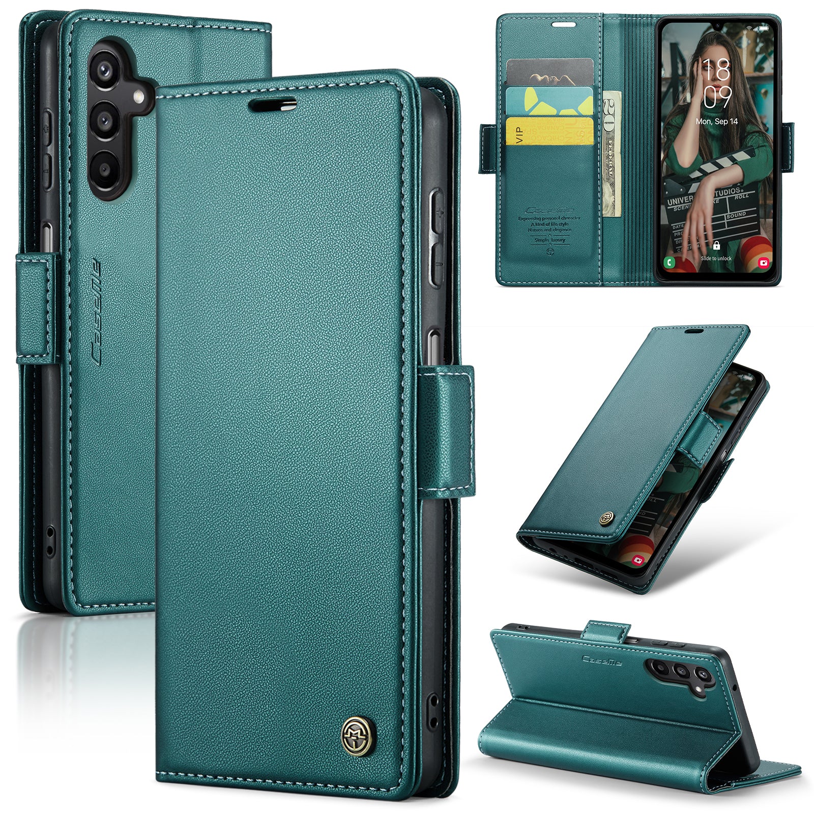 For Samsung Galaxy A16 5G / A16 4G Case CASEME 023 Series RFID Blocking Glossy Stand Phone Cover - Green