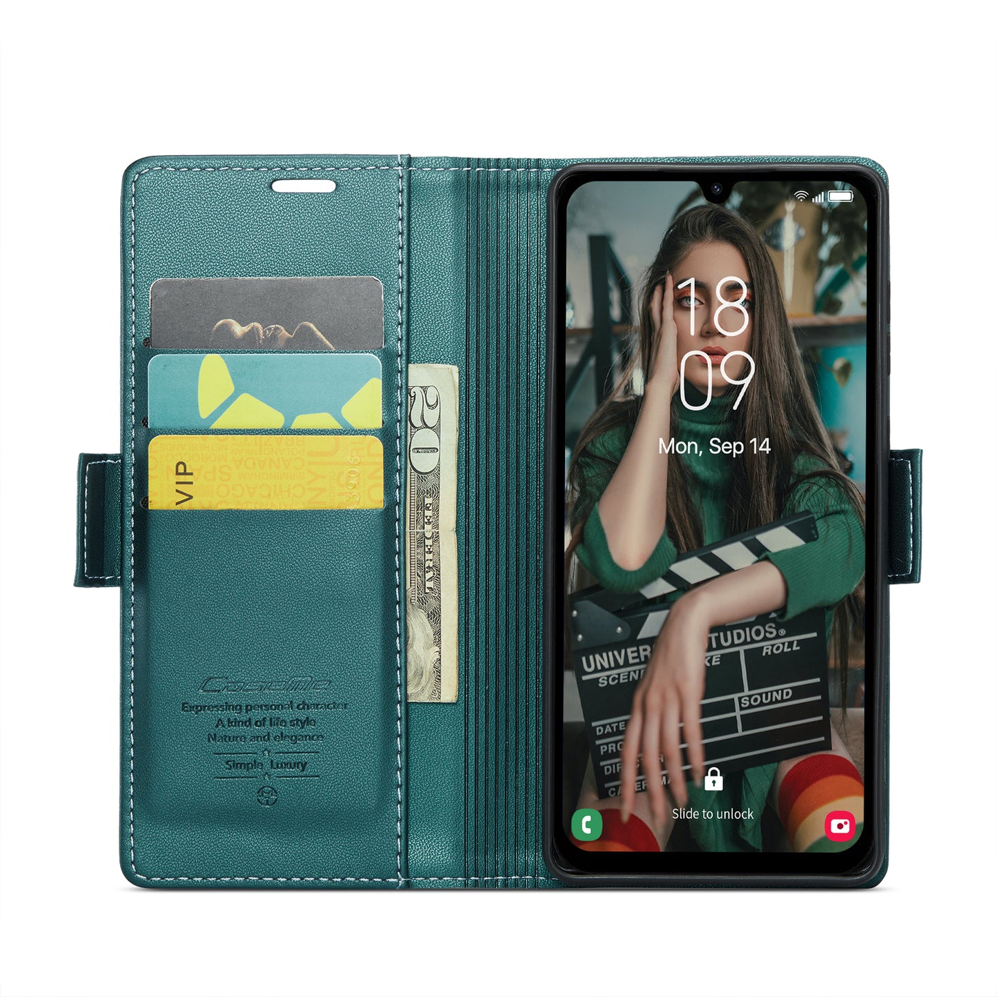For Samsung Galaxy A16 5G / A16 4G Case CASEME 023 Series RFID Blocking Glossy Stand Phone Cover - Green