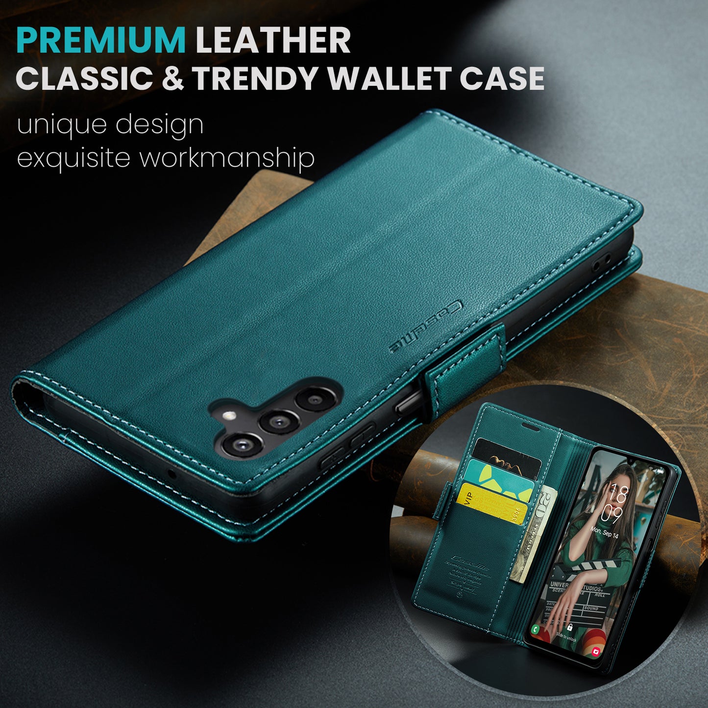 For Samsung Galaxy A16 5G / A16 4G Case CASEME 023 Series RFID Blocking Glossy Stand Phone Cover - Green