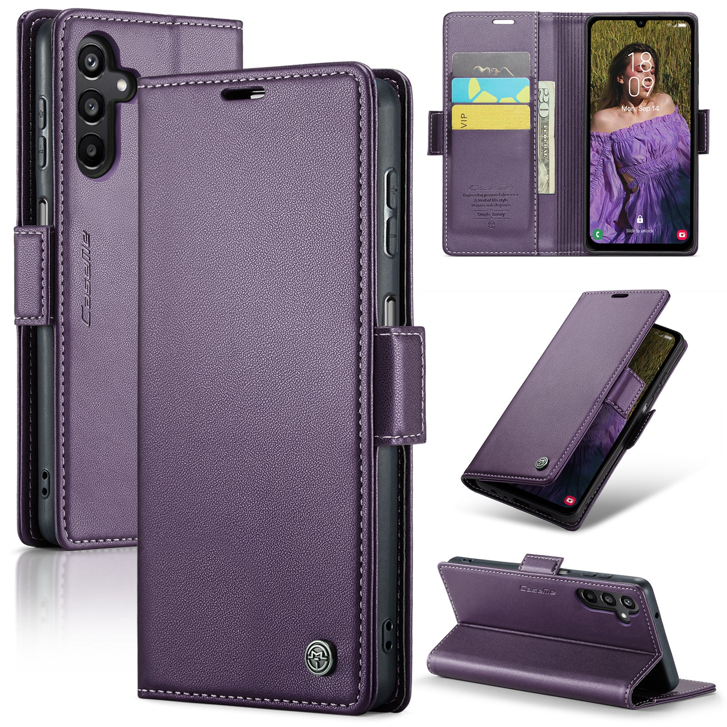For Samsung Galaxy A16 5G / A16 4G Case CASEME 023 Series RFID Blocking Glossy Stand Phone Cover - Purple