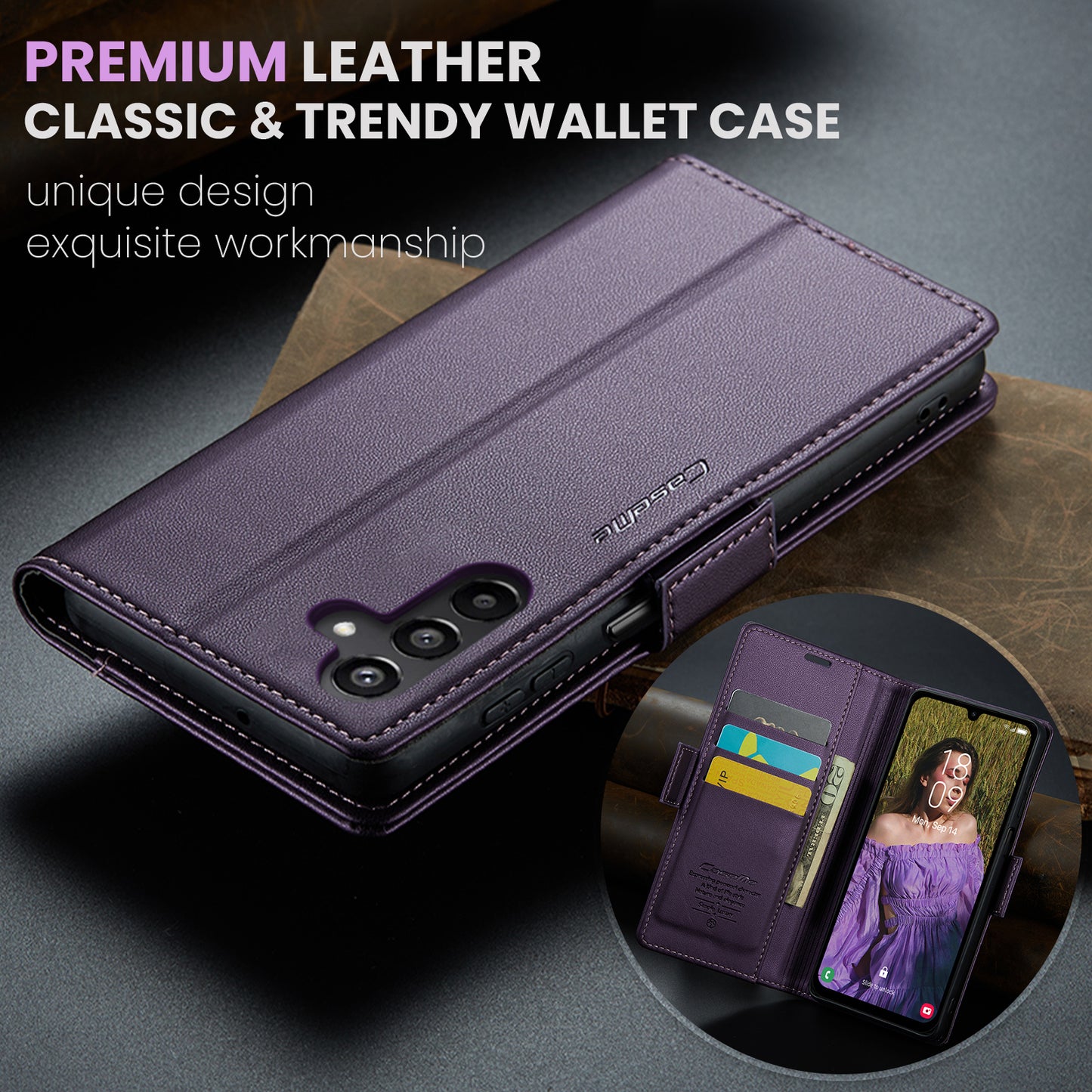 For Samsung Galaxy A16 5G / A16 4G Case CASEME 023 Series RFID Blocking Glossy Stand Phone Cover - Purple