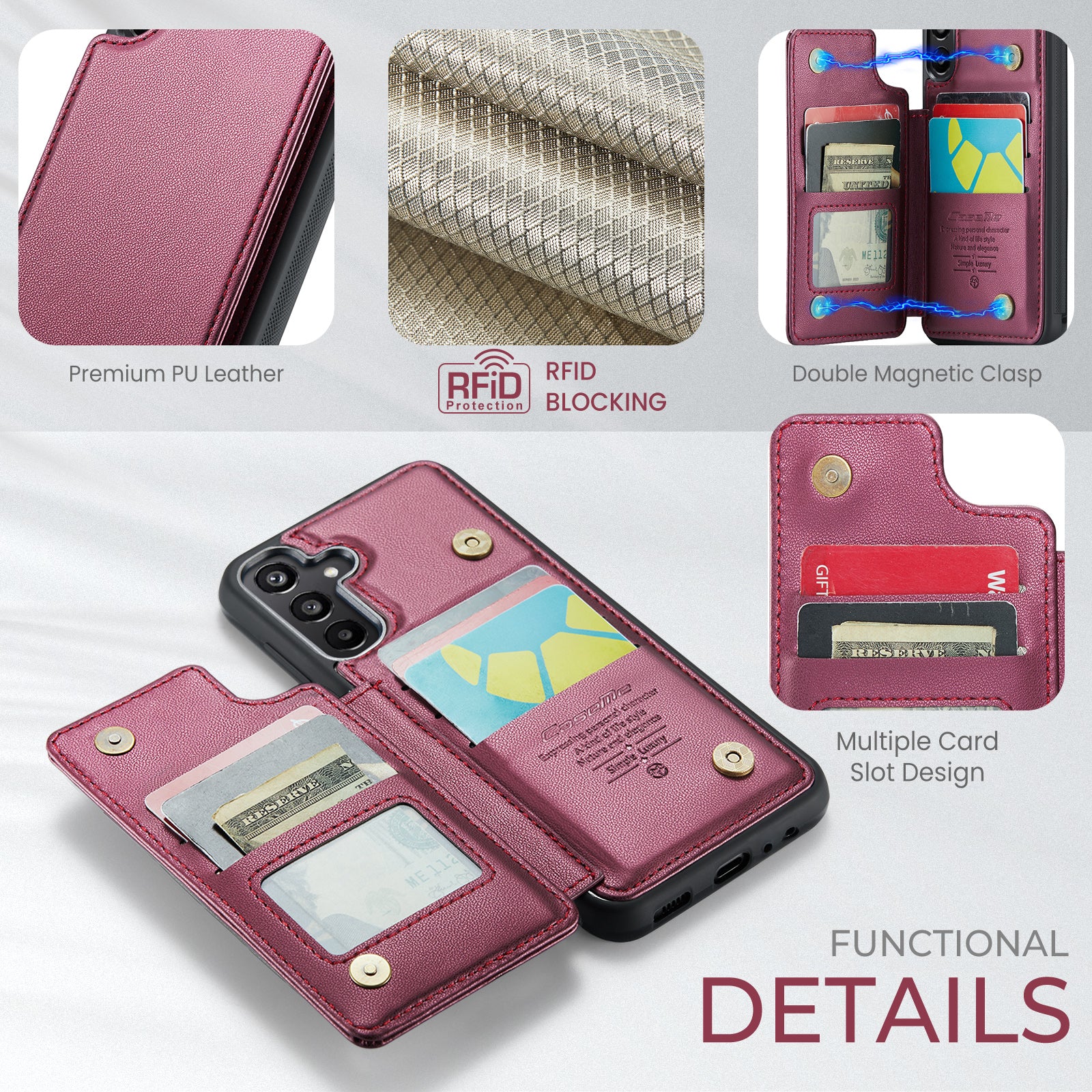 For Samsung Galaxy A16 5G / A16 4G Case CASEME C22 Series  Leather+TPU Cover RFID Blocking 5 Card Slots - Red