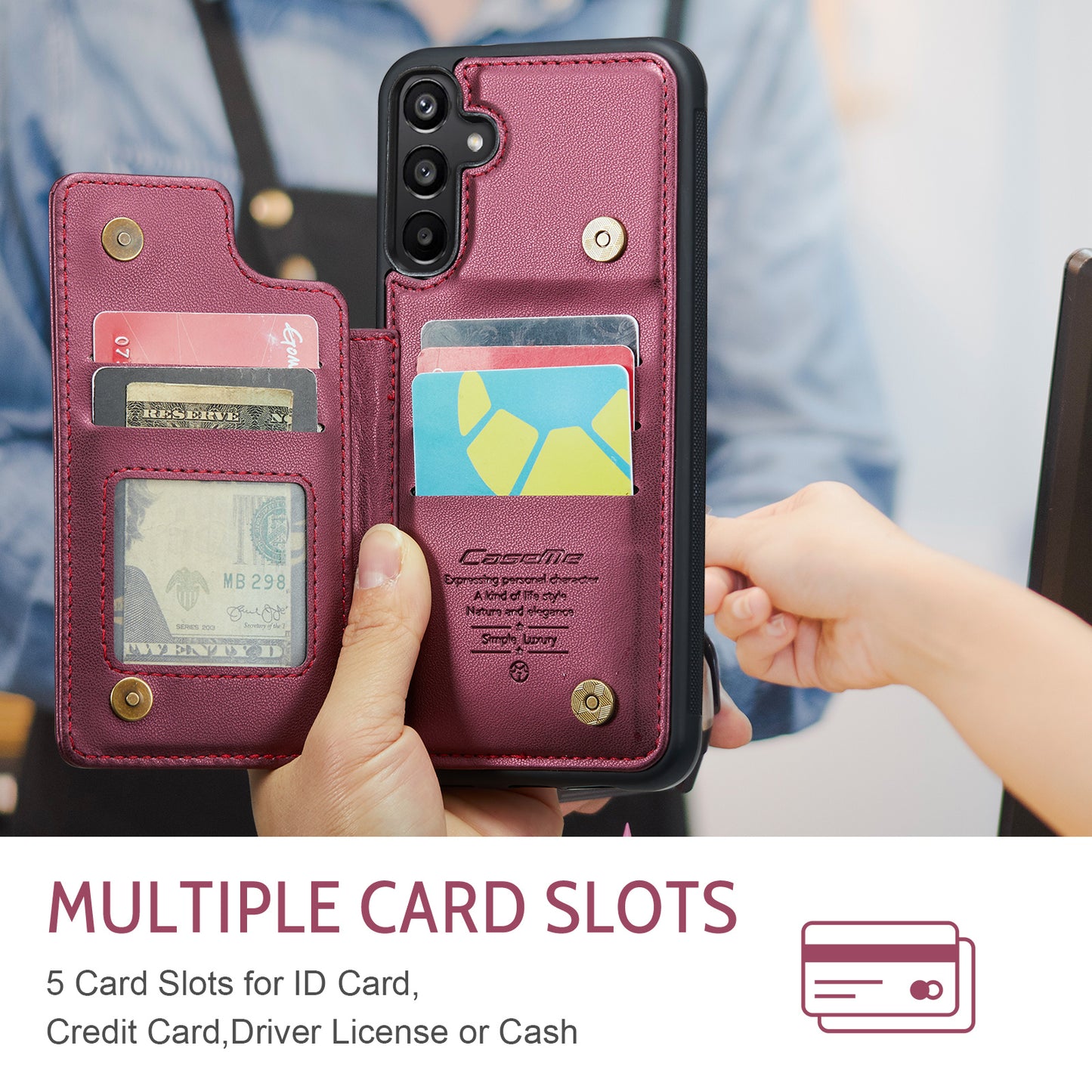 For Samsung Galaxy A16 5G / A16 4G Case CASEME C22 Series  Leather+TPU Cover RFID Blocking 5 Card Slots - Red