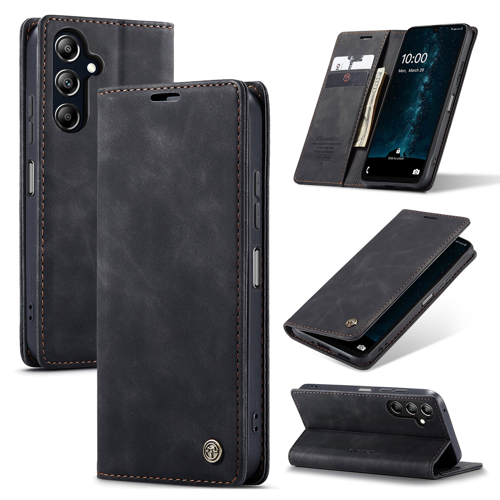 For Samsung Galaxy A16 5G / A16 4G Case CASEME 013 Series Card Holder Stand Leather Phone Cover - Black
